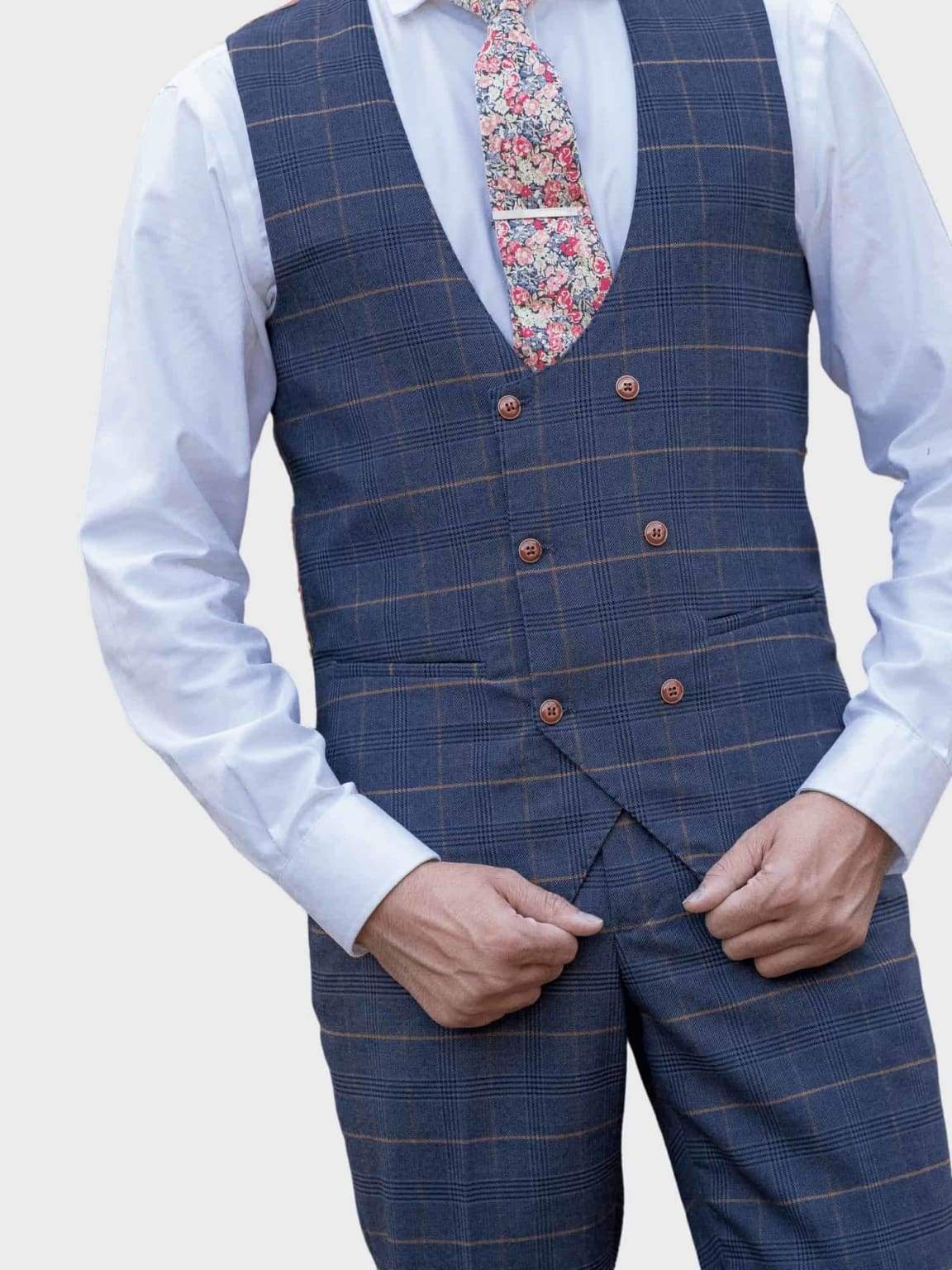 Marc Darcy Jenson Men's 3-Piece Navy Check Suit - Premium Wool Blend Business Formal Attire for Weddings, Office & Special Occasions