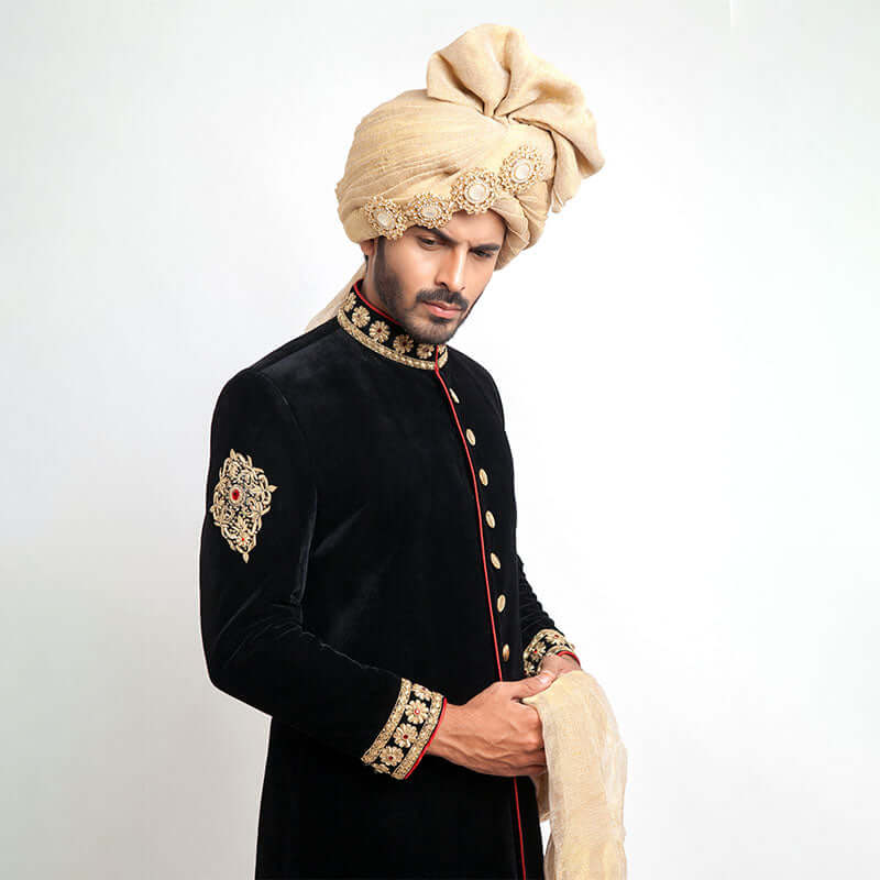 Jet Black Cocktail Velvet Sherwani for Men | Slim Fit Indian Wedding Suit | Perfect for Grooms, Weddings & Formal Events