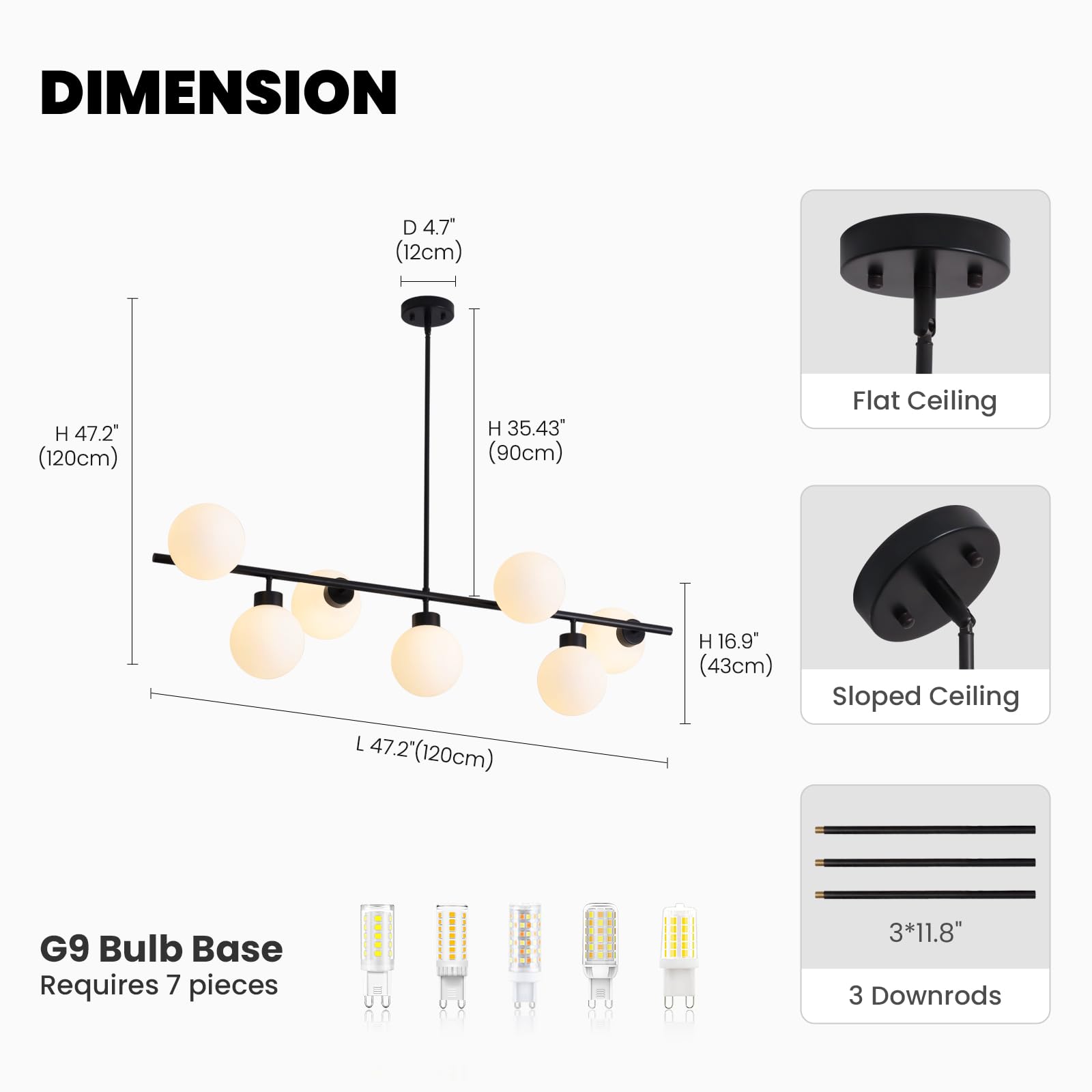 Crossio 7-Light Modern Linear Chandelier - Mid Century Black Sputnik Pendant Light with Glass Globe Rectangular Fixture - 47