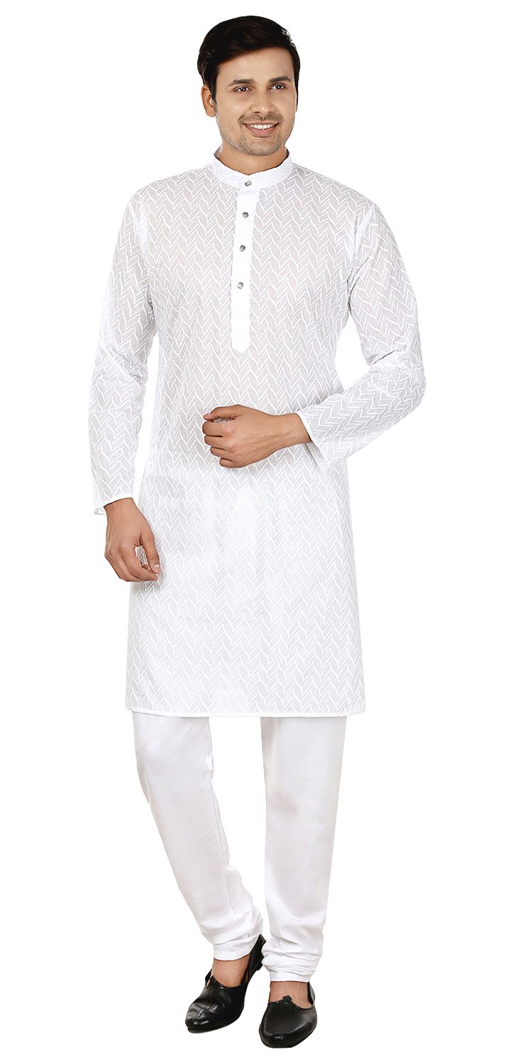 Men's Chikan Embroidered Cotton Kurta Pajama Set - Traditional Indian Ethnic Wear for Men - Perfect for Festivals, Weddings & Casual Wear
