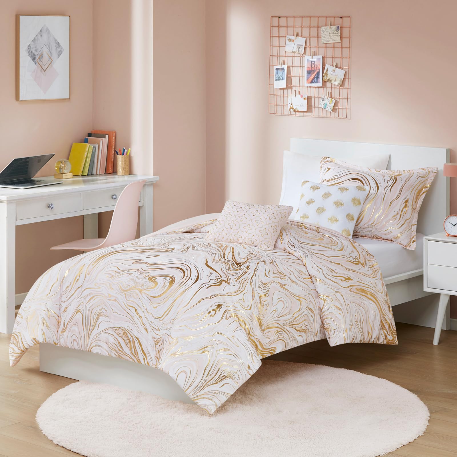 Intelligent Design Twin Duvet Cover Set - Modern Metallic Swirl Marble Print Microfiber Bedding with Throw Pillows (Twin/Twin XL, Blush/Gold, 4-Piece) | Chic Abstract Bedroom Decor for Teens & Guest Rooms