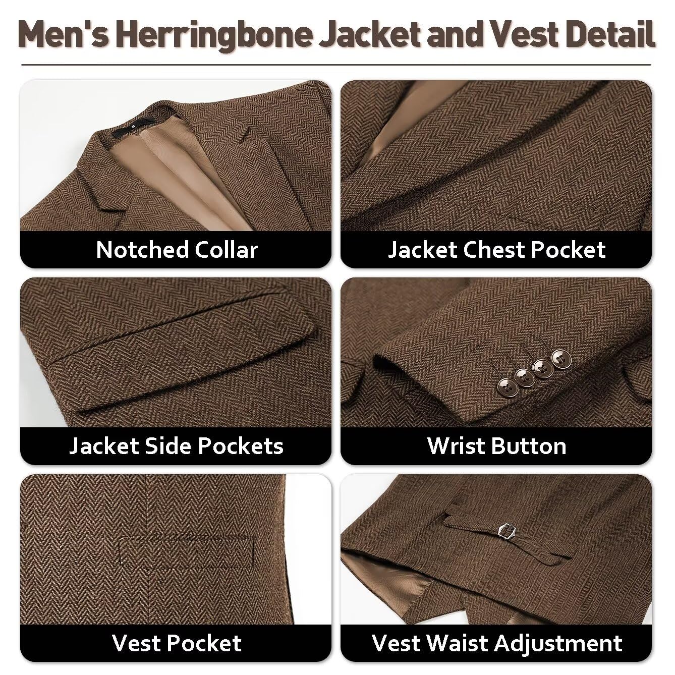 Men's Slim Fit Tweed Herringbone 3-Piece Suit Set - Wedding, Groomsmen, Prom Tuxedo with Jacket, Vest & Pants | Formal Occasions, Business Events & Special Celebrations