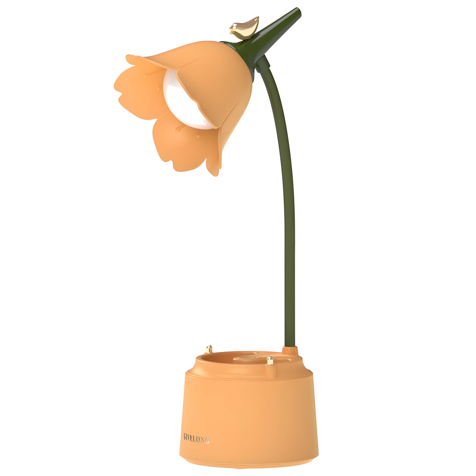 Cute LED Desk Lamp with USB Rechargeable, 3 Color Modes & Stepless Dimming - Kawaii Flower Bird Table Lamp, Touch-Sensitive Switch for Bedroom, Office, Study Room Decor & Reading Light (Yellow)