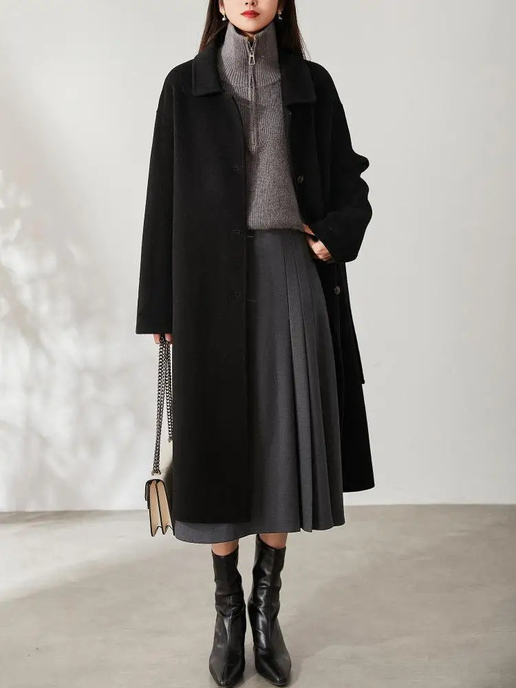 Vintage High Waist Pleated Wool Skirt for Women - Black & Grey A-Line Long Skirt, Elegant Winter Party Wear, Fall Festival Fashion, Office to Evening Outfits