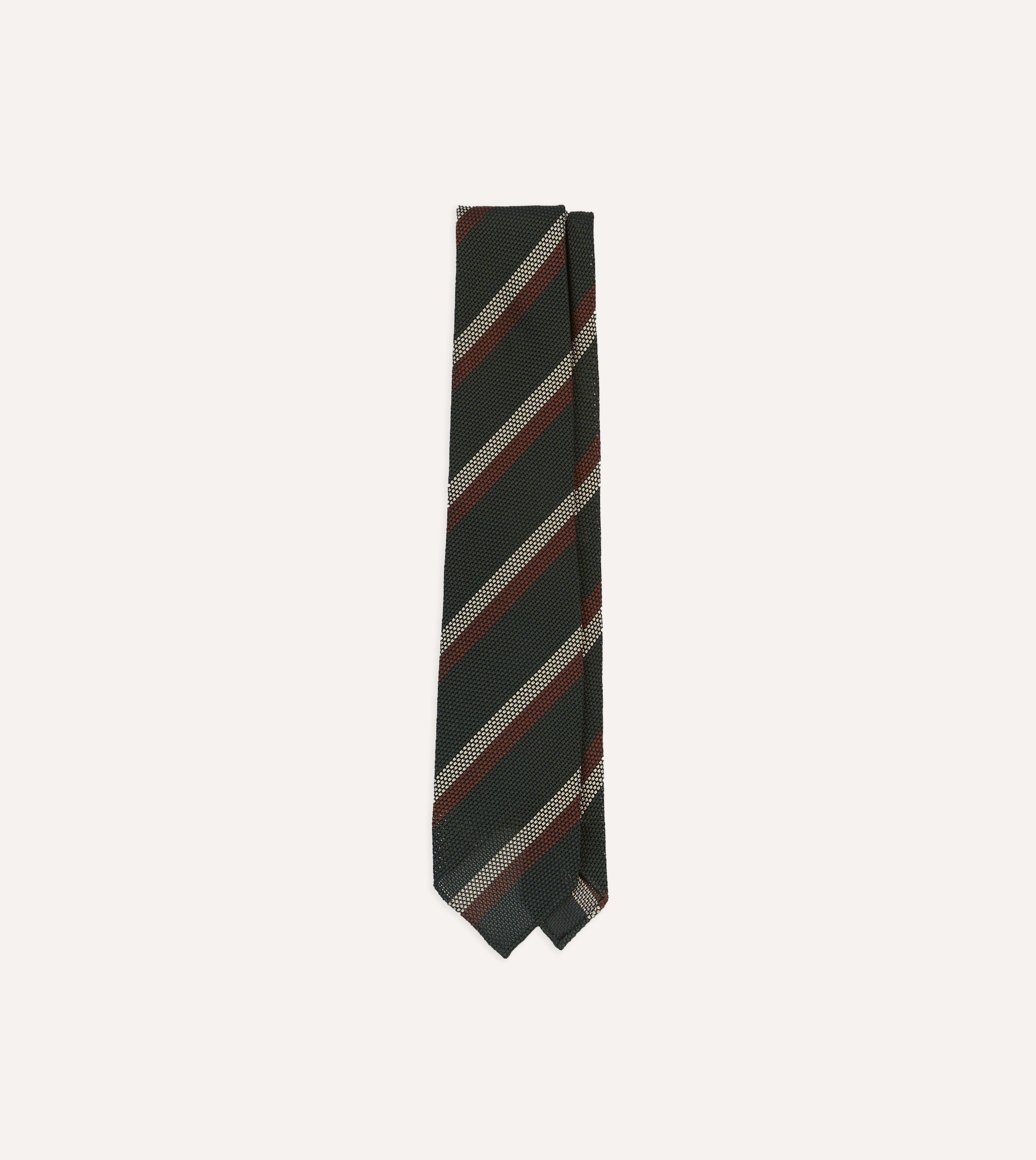 Premium Hand Rolled Silk Grenadine Tie - Green, White & Brown Double Stripe Pattern - Perfect for Business, Weddings & Formal Occasions