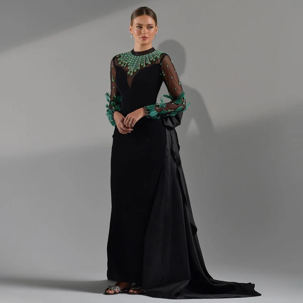 Elegant Black Satin Mermaid Evening Gown with Lace & Beaded Details - Luxury Long Formal Dress for Women - Perfect for Weddings, Galas & Special Occasions - Serene Hill Collection LA72230