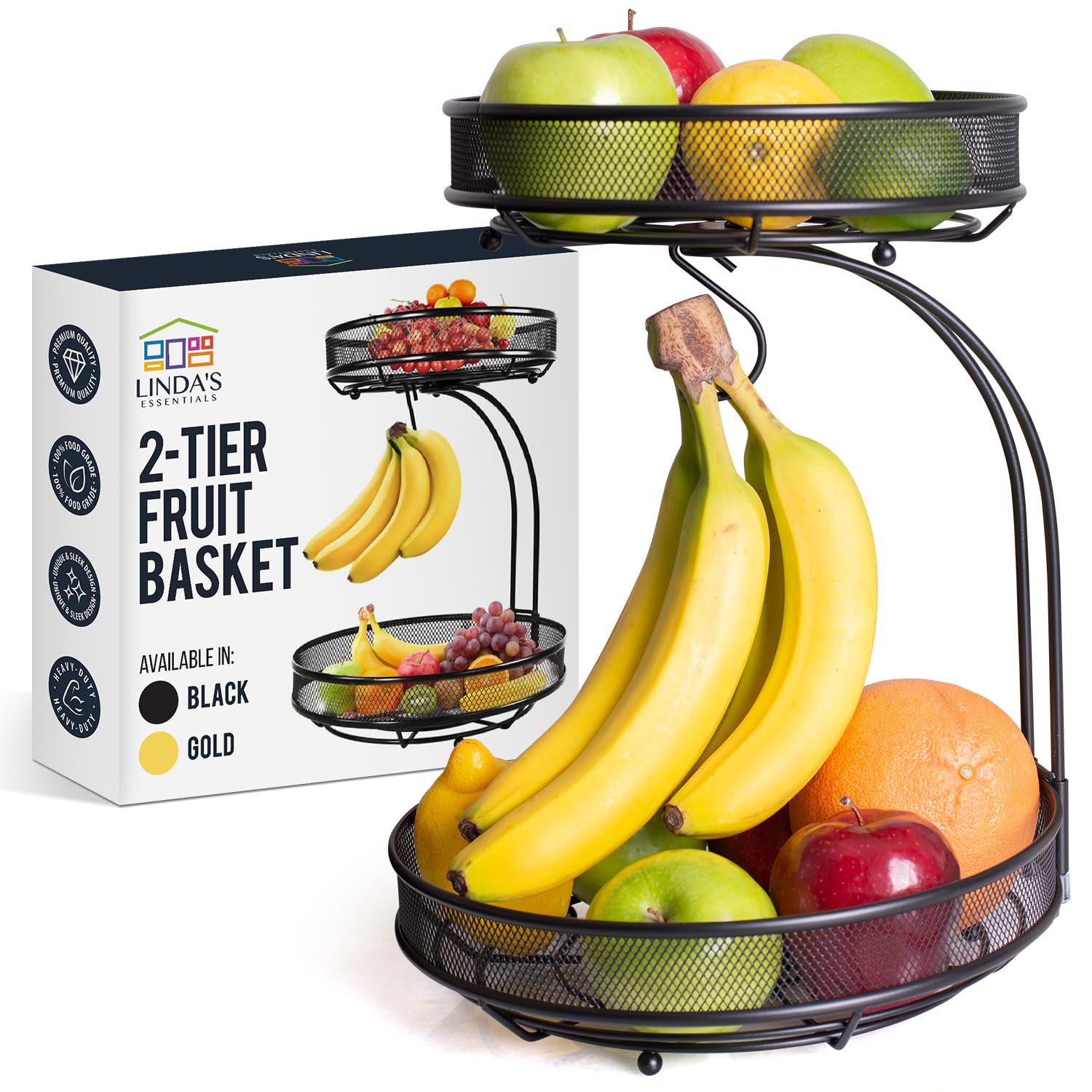 2 Tier Fruit Basket with Banana Hanger - Kitchen Counter Fruit & Vegetable Storage Bowl - Black by Linda's - Perfect for Organizing Fresh Produce in Pantry, Dining Room or Kitchen Countertop