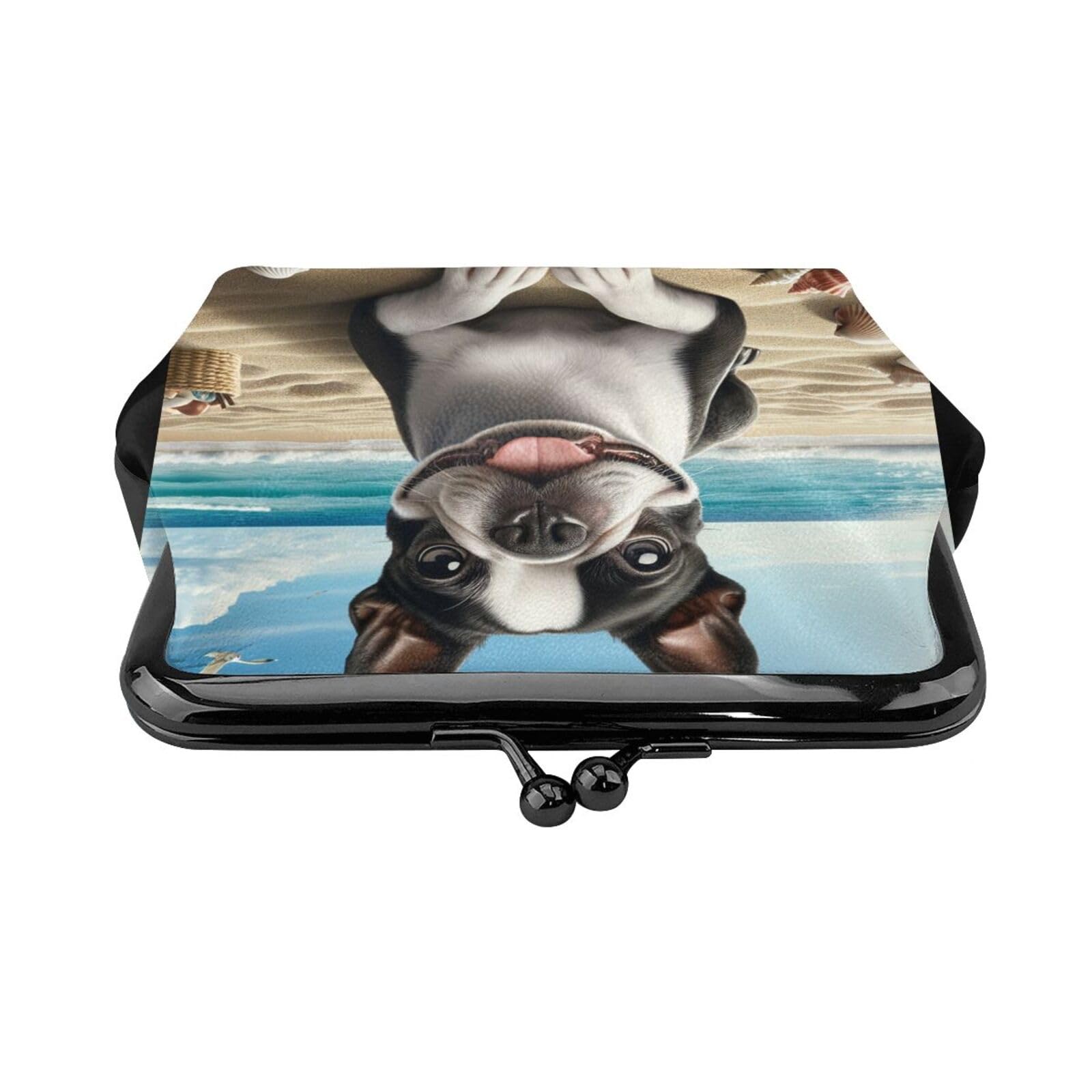 Boston Terrier Beach Themed PU Leather Kiss-Lock Coin Purse - Cute Change Wallet for Girls (Perfect for Beach Trips, Shopping & Gift Giving)