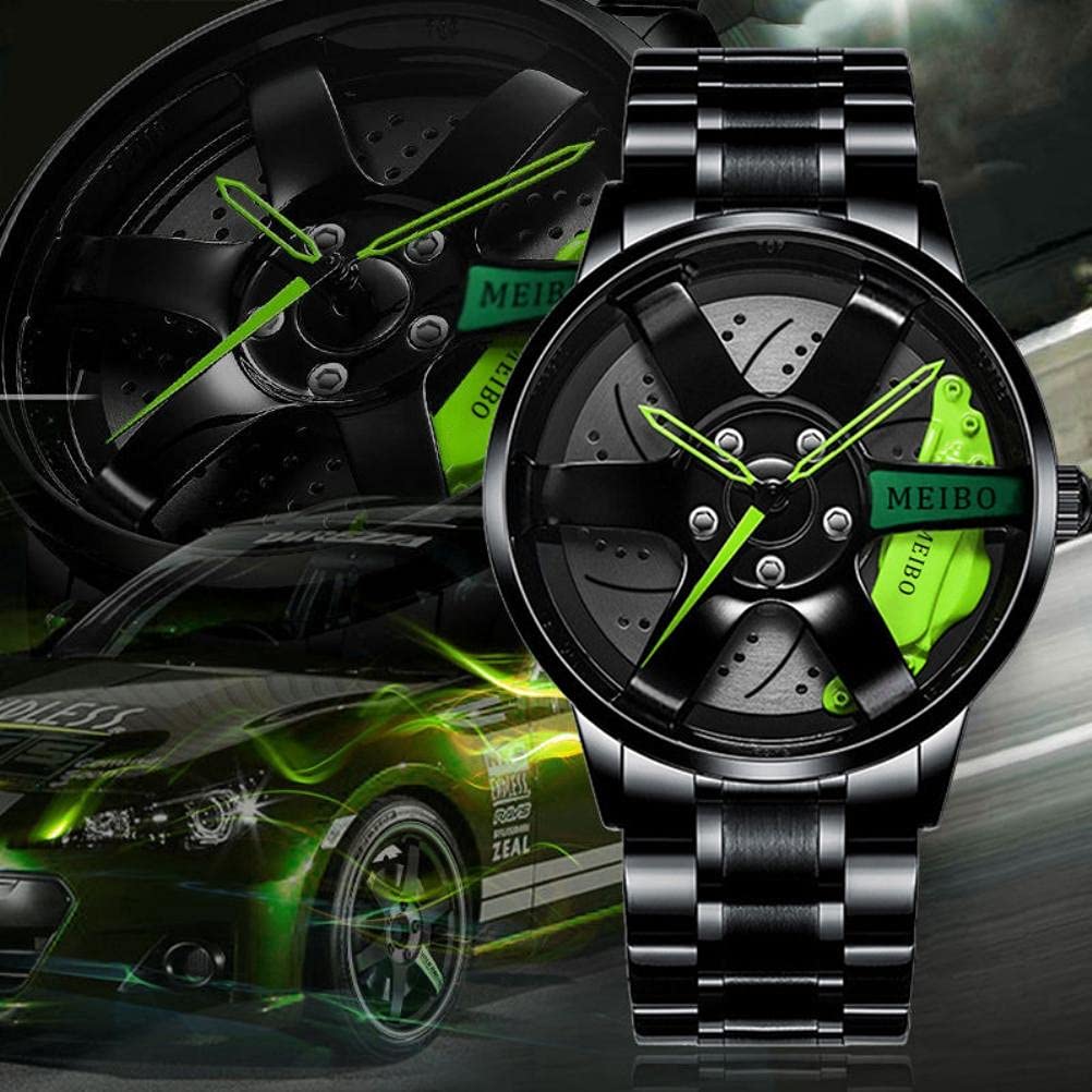 Men's Sports Watch - 3D Hollow Car Wheel Design Stainless Steel Wristwatch (Green) | Waterproof Digital Chronograph for Running, Driving & Outdoor Activities