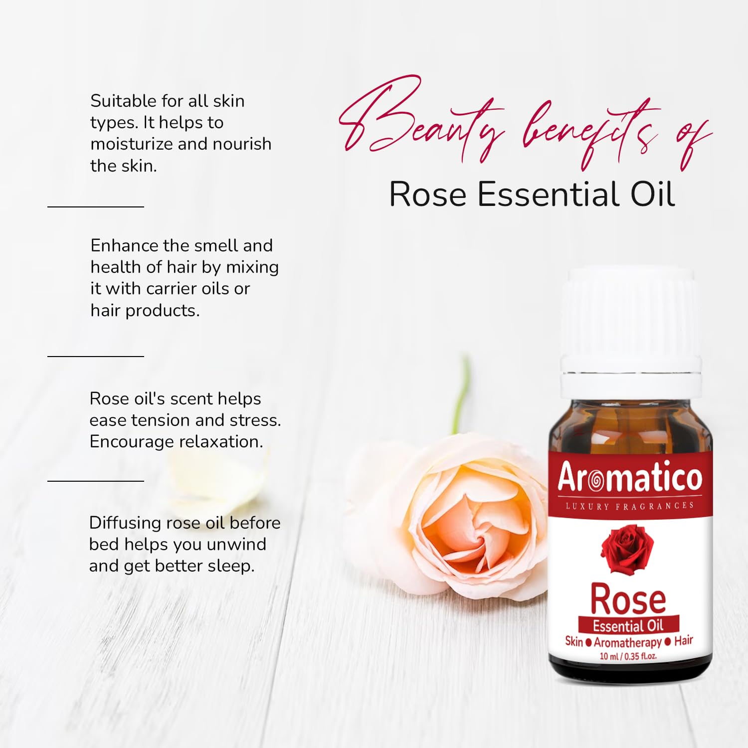 AROMATICO 100% Pure Rose Essential Oil for Aromatherapy, Stress Relief & Meditation | Natural Fragrance for Diffusers, Candles, Soaps | Promotes Relaxation & Focus | Perfect for Spa, Yoga & Home Use - 10ml Bottle