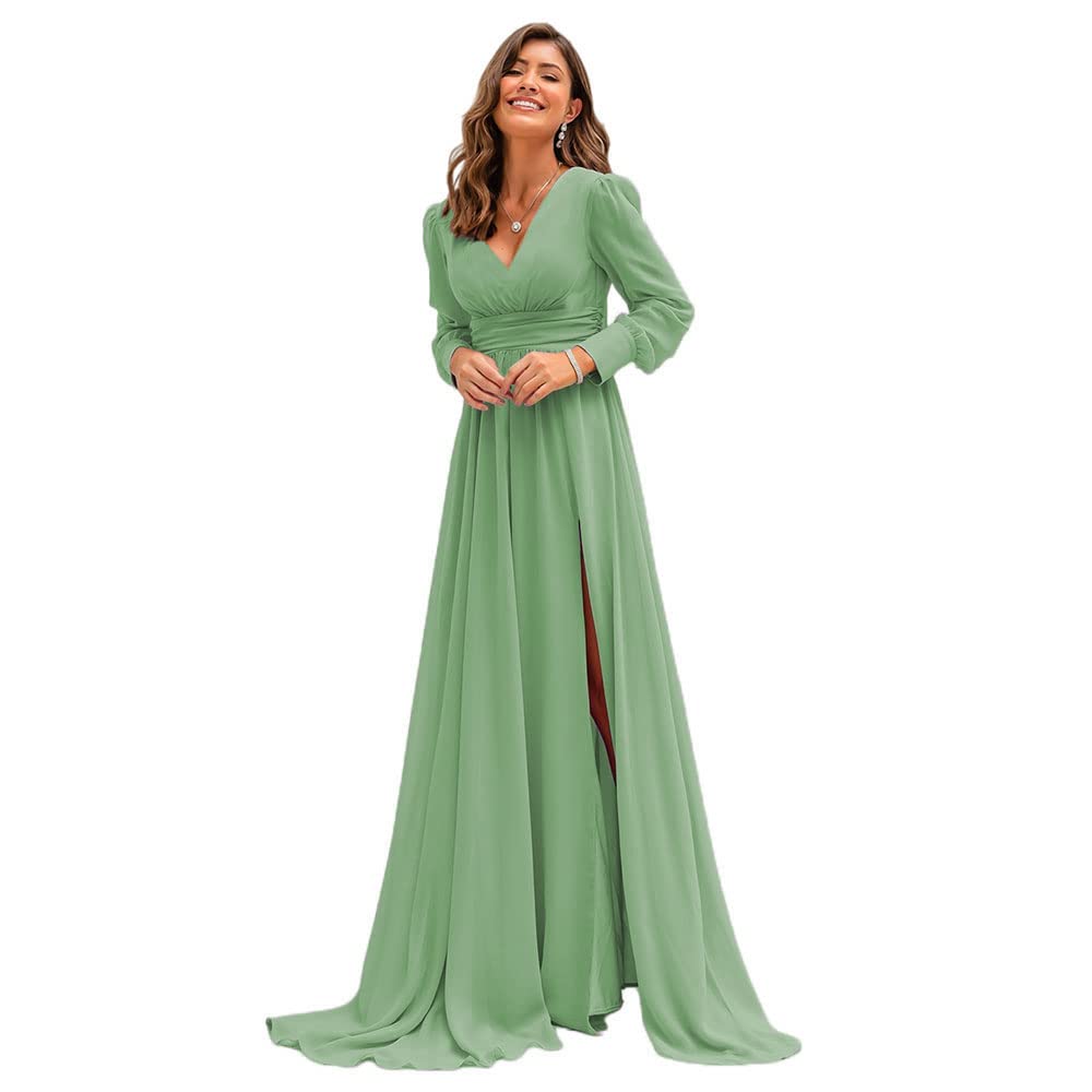 XYAYE Women's Long Sleeve Chiffon Bridesmaid Dress - Elegant A-Line Formal Evening Gown with V Neck & High Slit for Weddings, Parties & Special Occasions