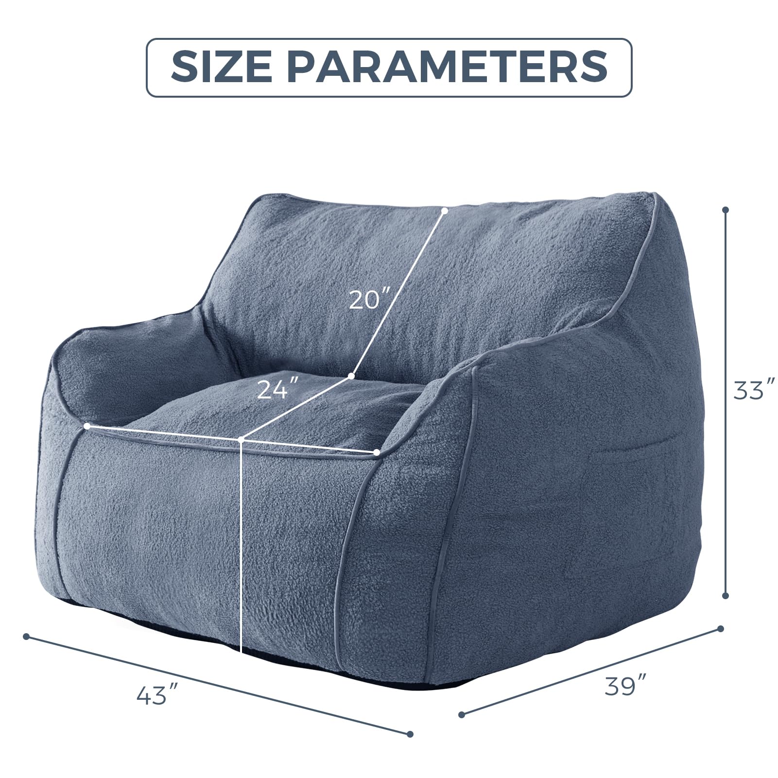 MAXYOYO Giant Bean Bag Chair for Adults - Extra Large Fluffy Bean Bag Couch with Decorative Edges, Dusty Blue - Perfect for Living Room, Bedroom, Game Room & Dorm Relaxation