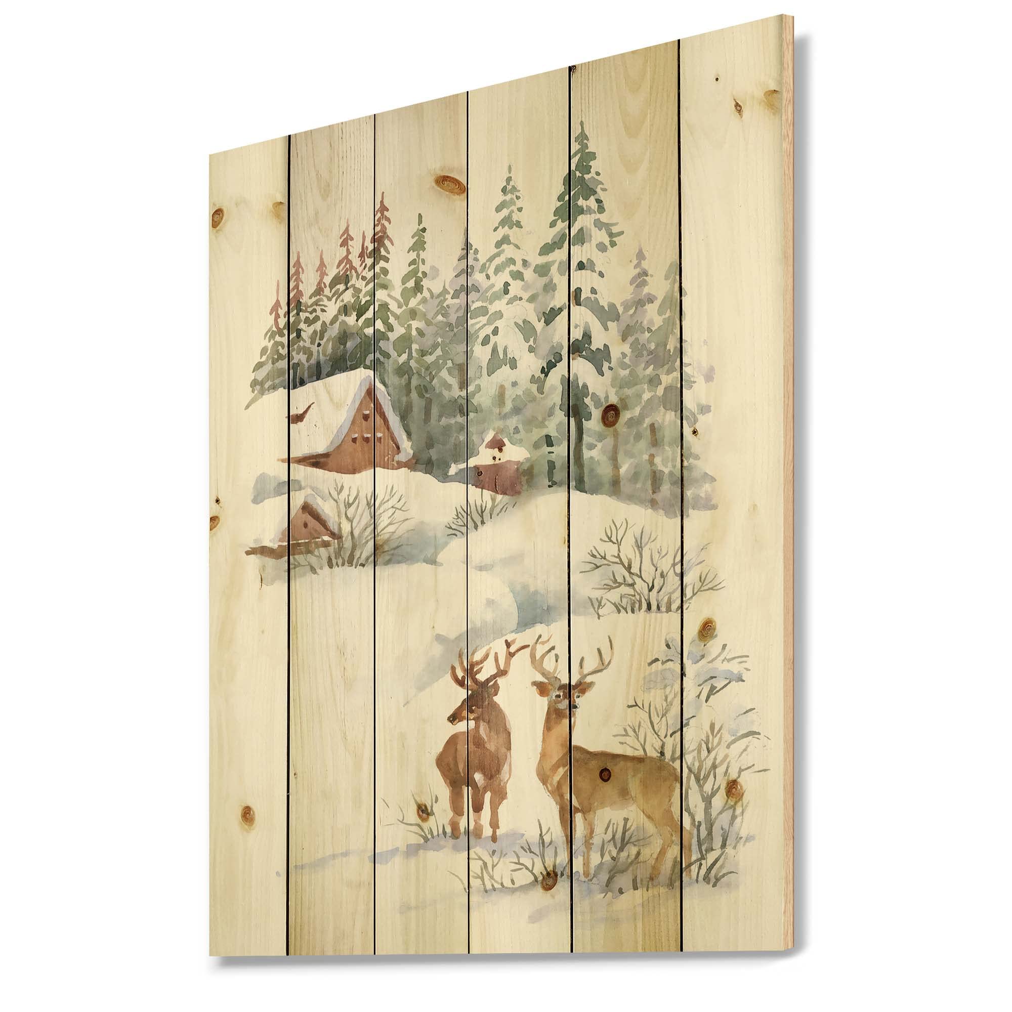 DesignQ Winter Cottage with Two Deer Farmhouse Wood Wall Decor - White Wood Wall Art - Large Animal Wood Panels Printed on Natural Pine - Perfect for Living Room, Bedroom & Cabin Decor