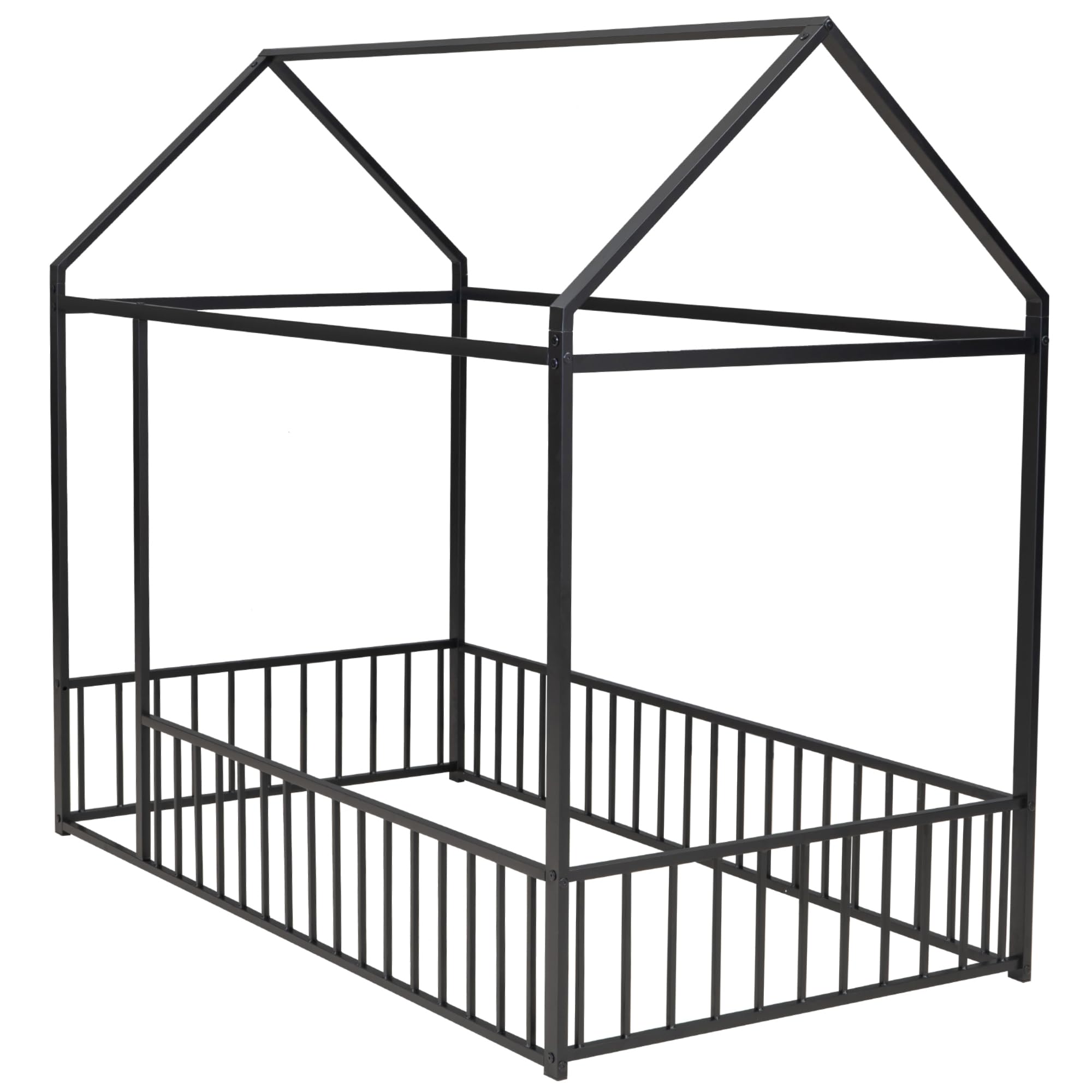 Bellemave Twin Size Montessori Floor Bed for Kids - Sturdy Metal House Frame with Safety Fence - Black Playhouse Bed for Toddlers & Children | Perfect for Montessori Rooms, Play Areas & Safe Toddler Sleep Spaces