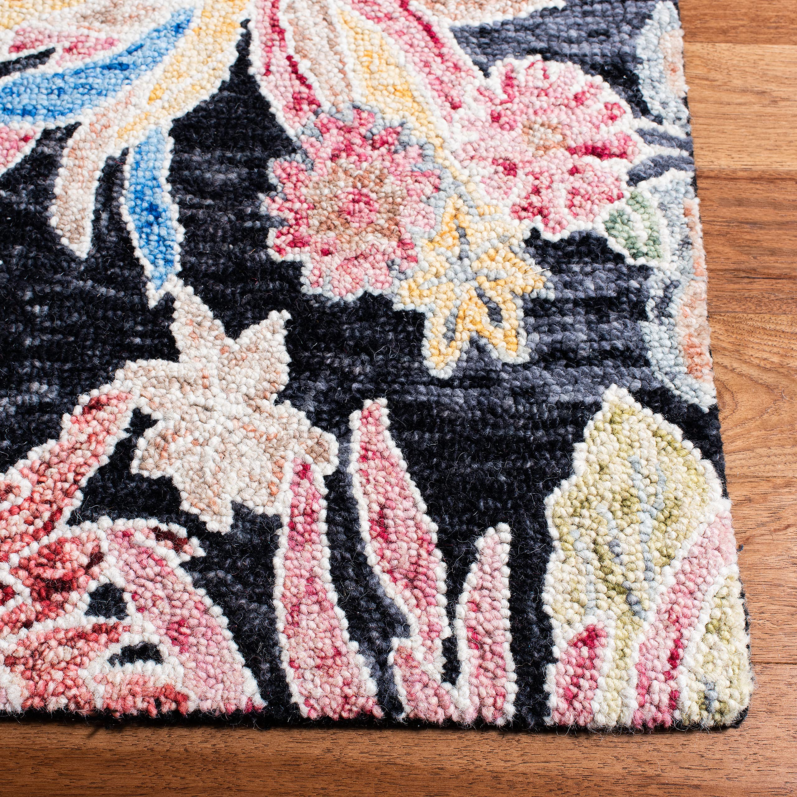 SAFAVIEH Jardin Collection 6'x6' Square Charcoal & Red Floral Handmade Wool Cotton Area Rug - Perfect for Living Room, Bedroom & Home Decor