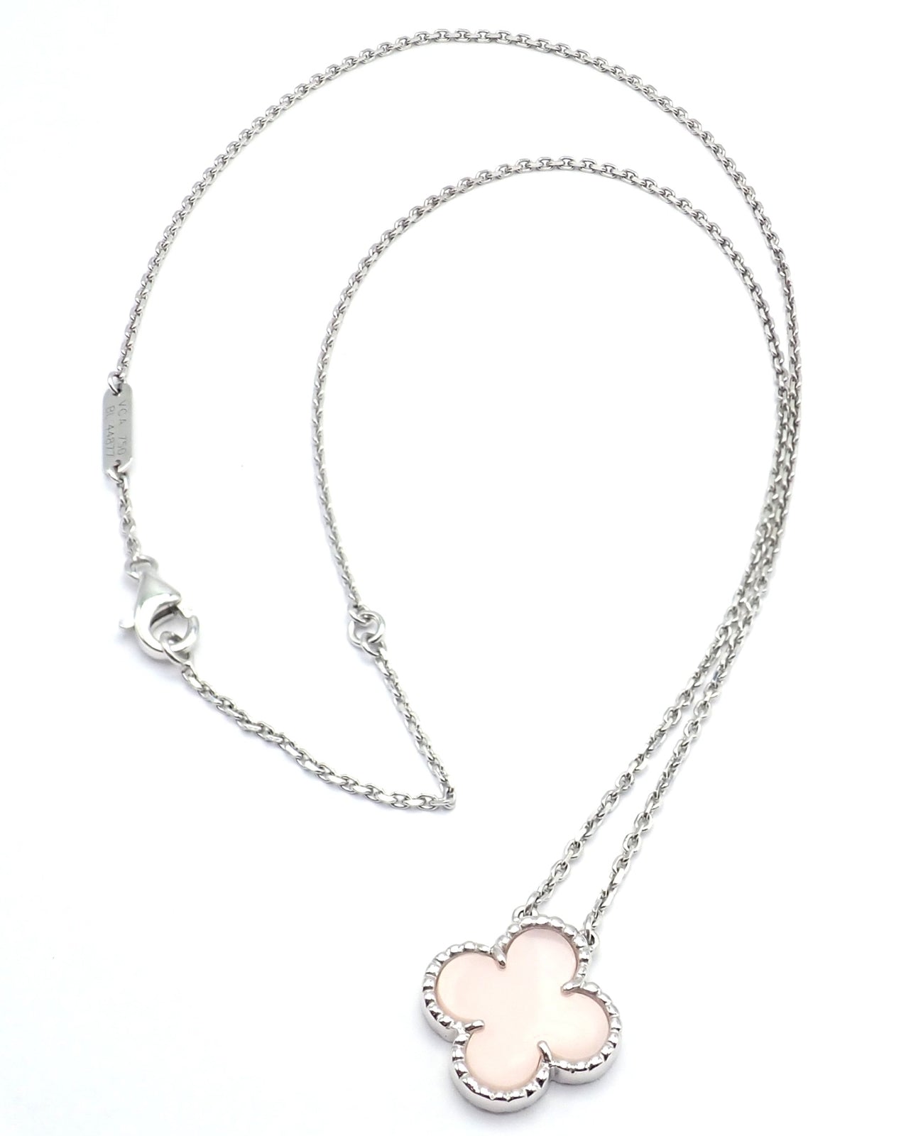 Authentic Van Cleef & Arpels Alhambra 18k White Gold Pink Opal Necklace with Certification - Luxury Jewelry Gift for Women, Perfect for Weddings & Special Occasions