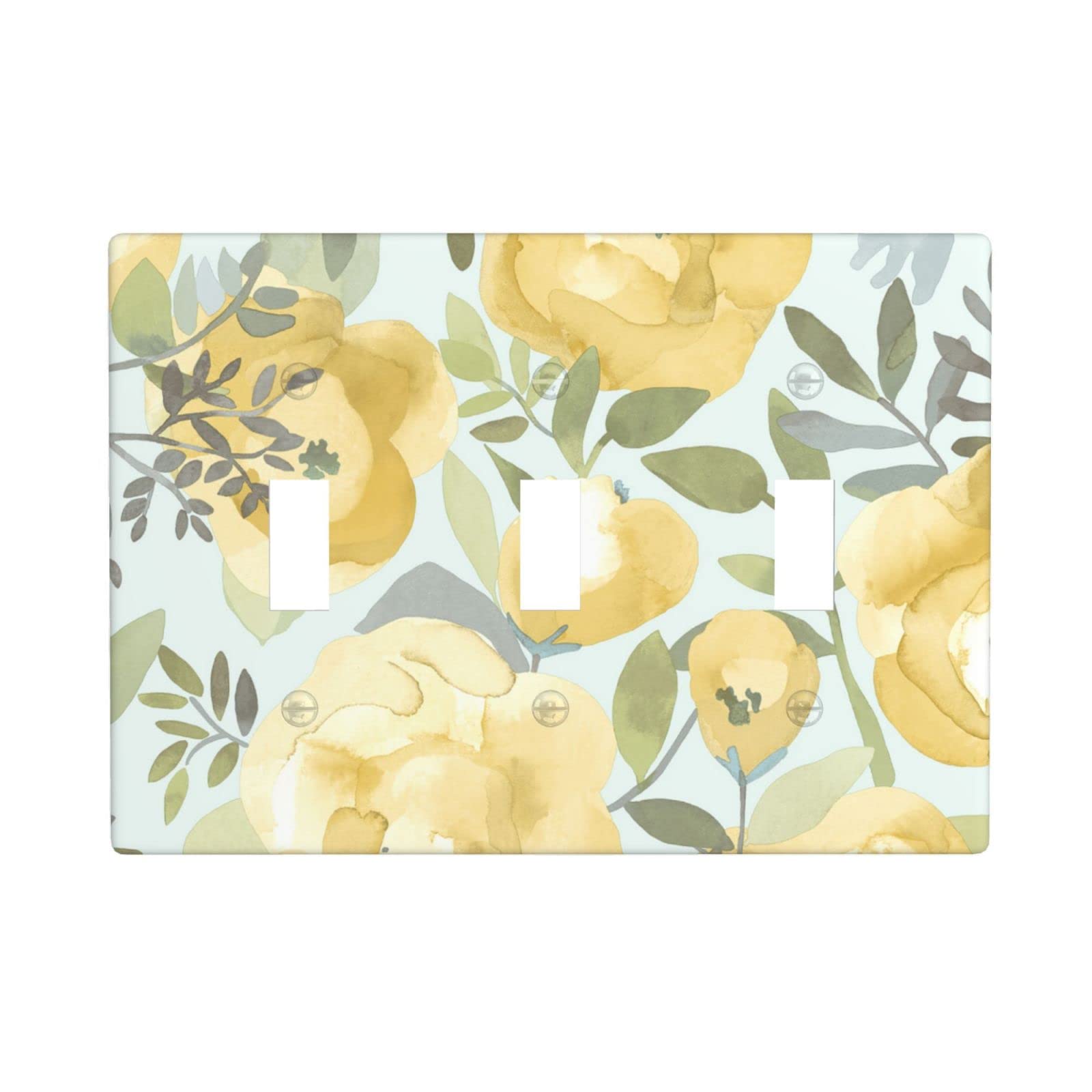 Yellow Floral Light Switch Cover - Triple Toggle Wall Plate, Decorative 3-Gang Switch Plate (4.5 x 6.38 Inch) for Kitchen, Bathroom & Bedroom - Brighten Your Home Decor