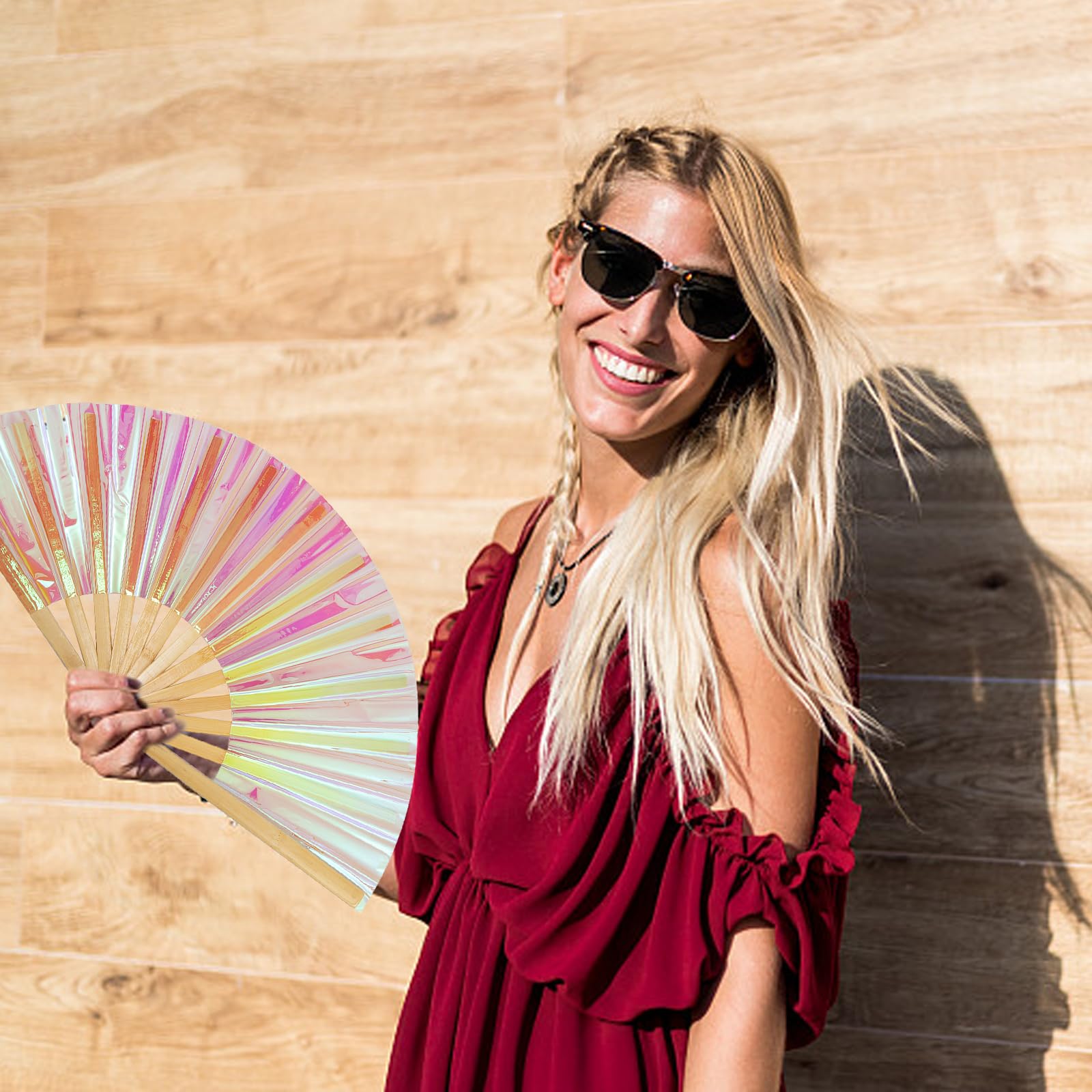 Vibrant Pink Laser Rave Hand Fan - Large Folding Festival Fan for Women, Halloween & Rainbow Outfits - Clack Handheld Party Accessory with Bright Colors | Perfect for EDM Festivals, Rave Parties, Cosplay & Summer Cooling