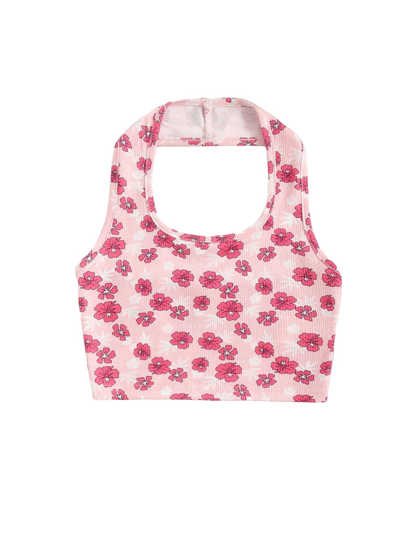 SOLY HUX Girls Floral Print Halter Ribbed Knit Cami Crop Top - Summer Casual Tops for Teens, Beach Outfits, Music Festivals & Street Style