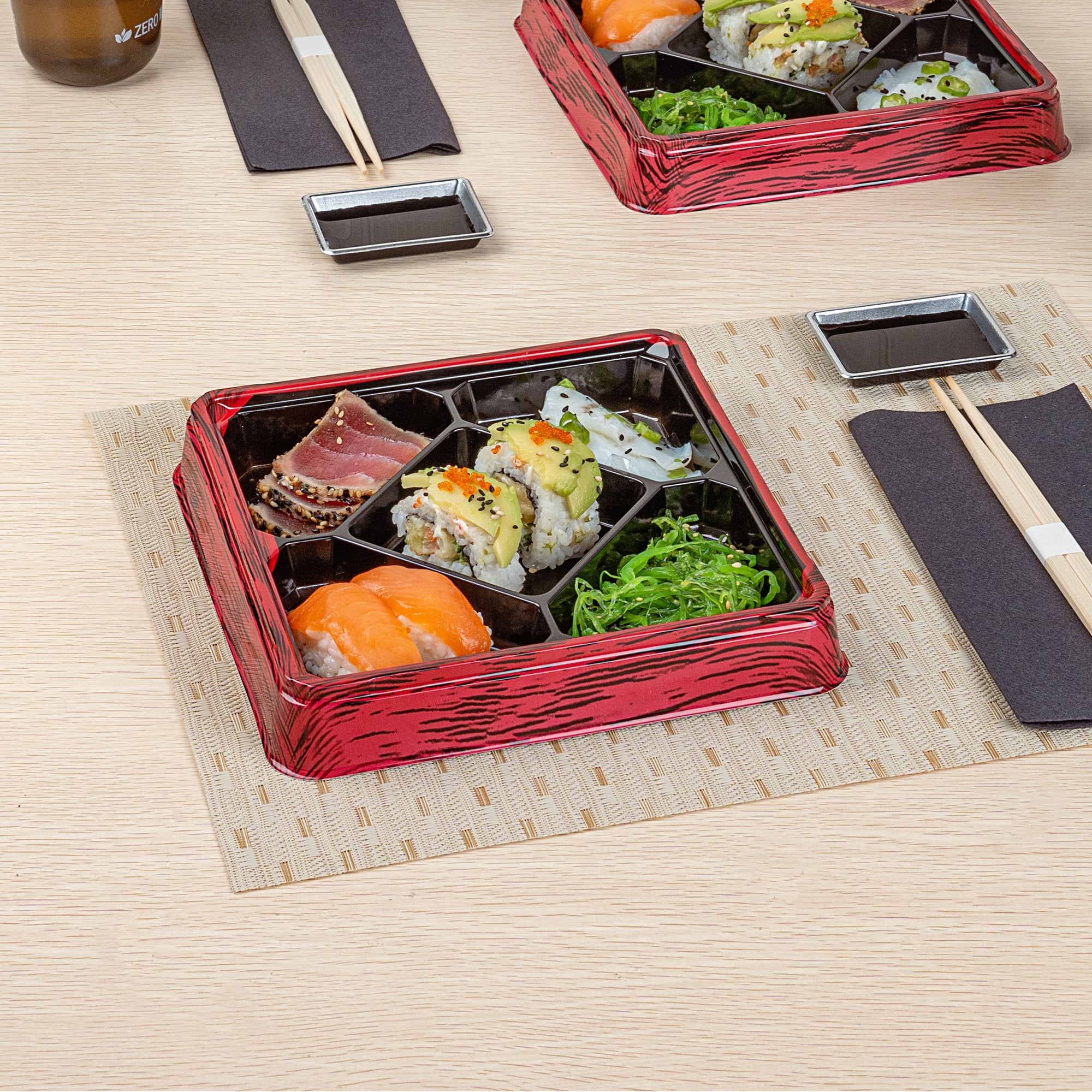 Bento Tek 19 oz Square Red and Black Plastic Bento Box with 5 Compartments - 8.5