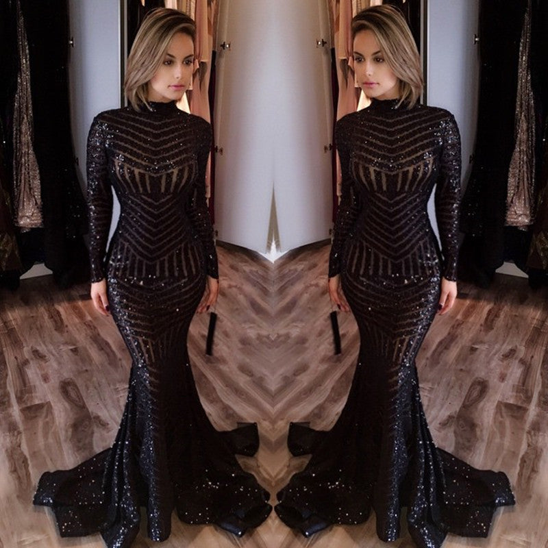 Elegant Black Mermaid Evening Gown with High Neck & Long Sleeves - Sparkling Sequined Prom Dress for Women - Perfect for Formal Events, Galas & Special Occasions