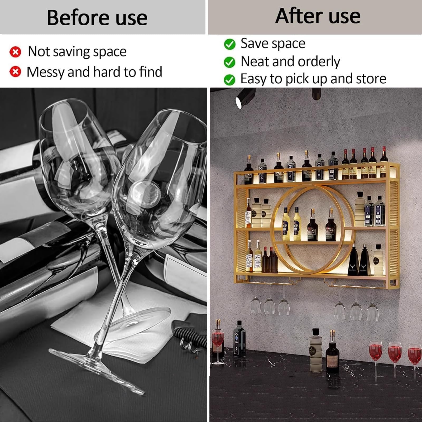 Modern Metal Wall Mounted Wine Rack with LED Lights - Floating Bar Shelf for Liquor Storage & Display - Iron Wine Holder with Glass Rack - Perfect for Kitchen, Living Room, Home Bar & Cafe Decor