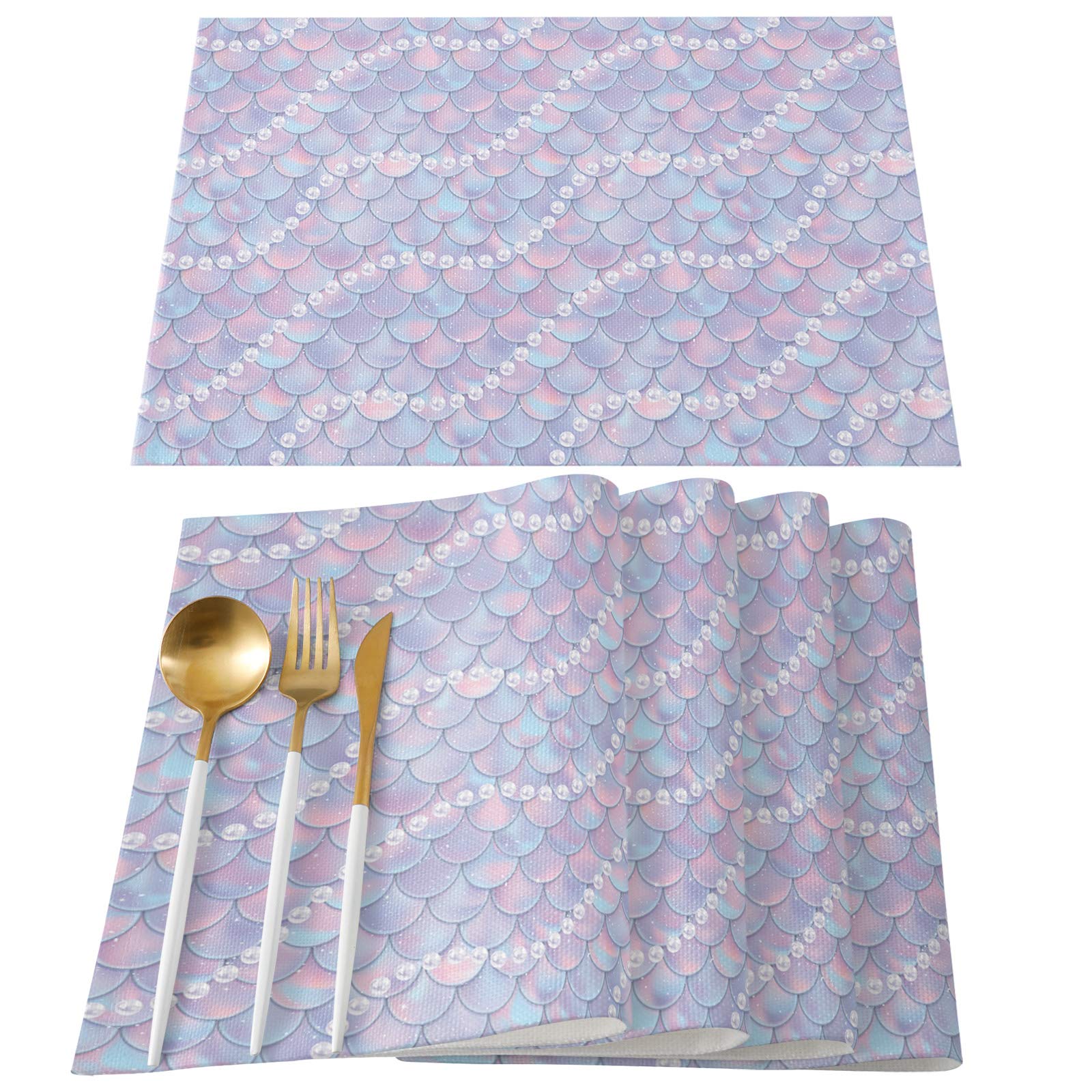 Heatproof Non-Slip Dining Placemats Set of 4 - 13x19 Inch Mermaid Scale & Pearl Design Table Mats for Wedding, Banquet, Party & Everyday Use