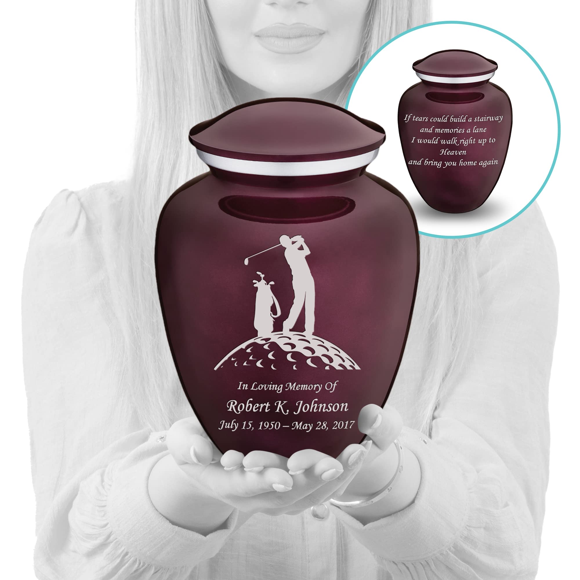 Personalized Golf Cremation Urns for Ashes - Large Cherry Purple Funeral Urn for Men & Women with Double-Sided Engraving (Holds 200 lbs) - Memorial Keepsake for Golf Lovers, Perfect for Home Display or Burial Ceremony