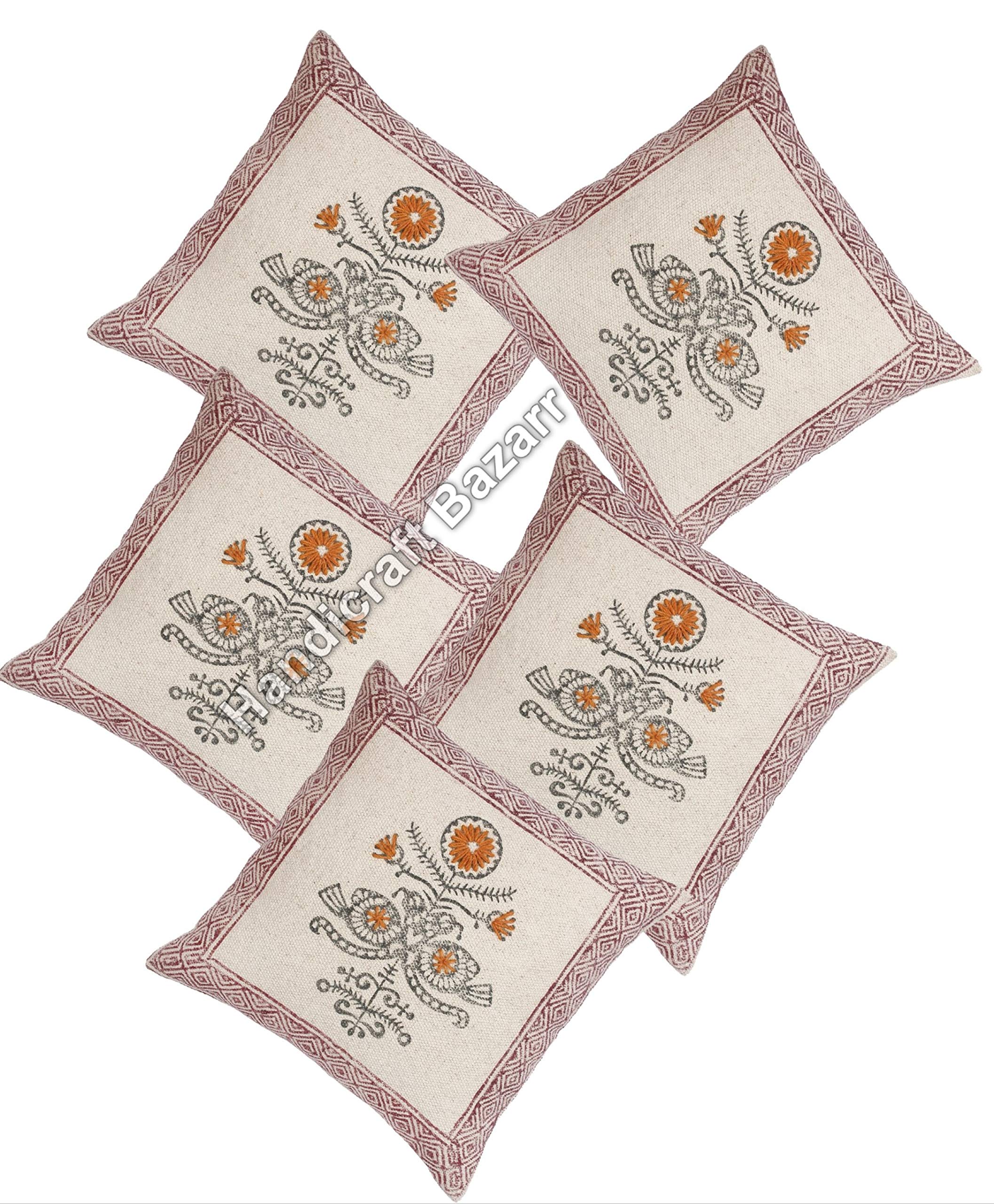 5-Piece Handmade Embroidery Pillow Covers Set - Floral Design Cotton Woven Euro Sham Cushion Covers for Sofa, Floor Throw & Rustic Home Decor | Perfect for Living Room, Bedroom & Farmhouse Style