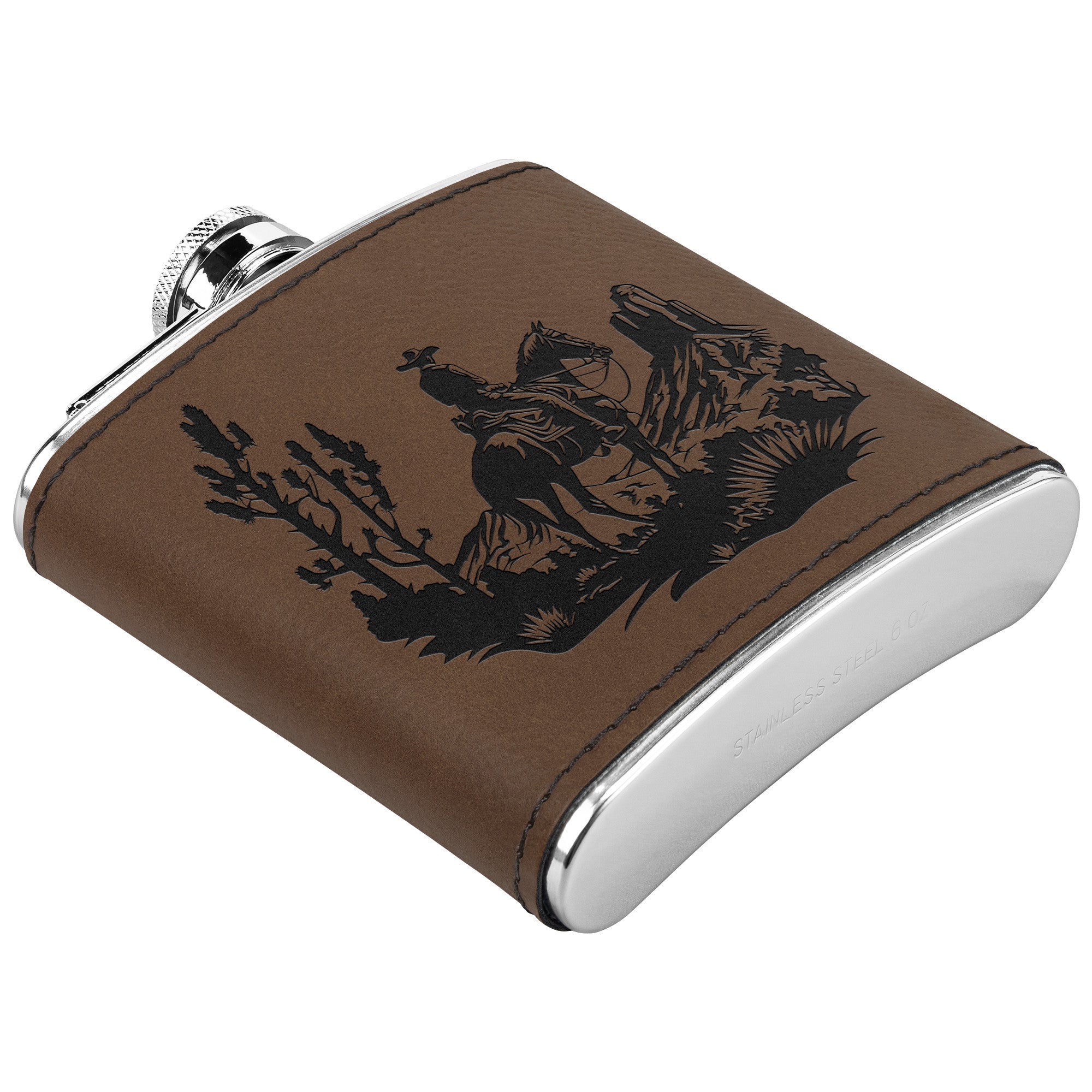 Premium Cowboy Desert Leather Flask - Engraved Metal Hip Flask for Whiskey, Bourbon & Liquor - Perfect for Outdoor Adventures, Camping & Gifts
