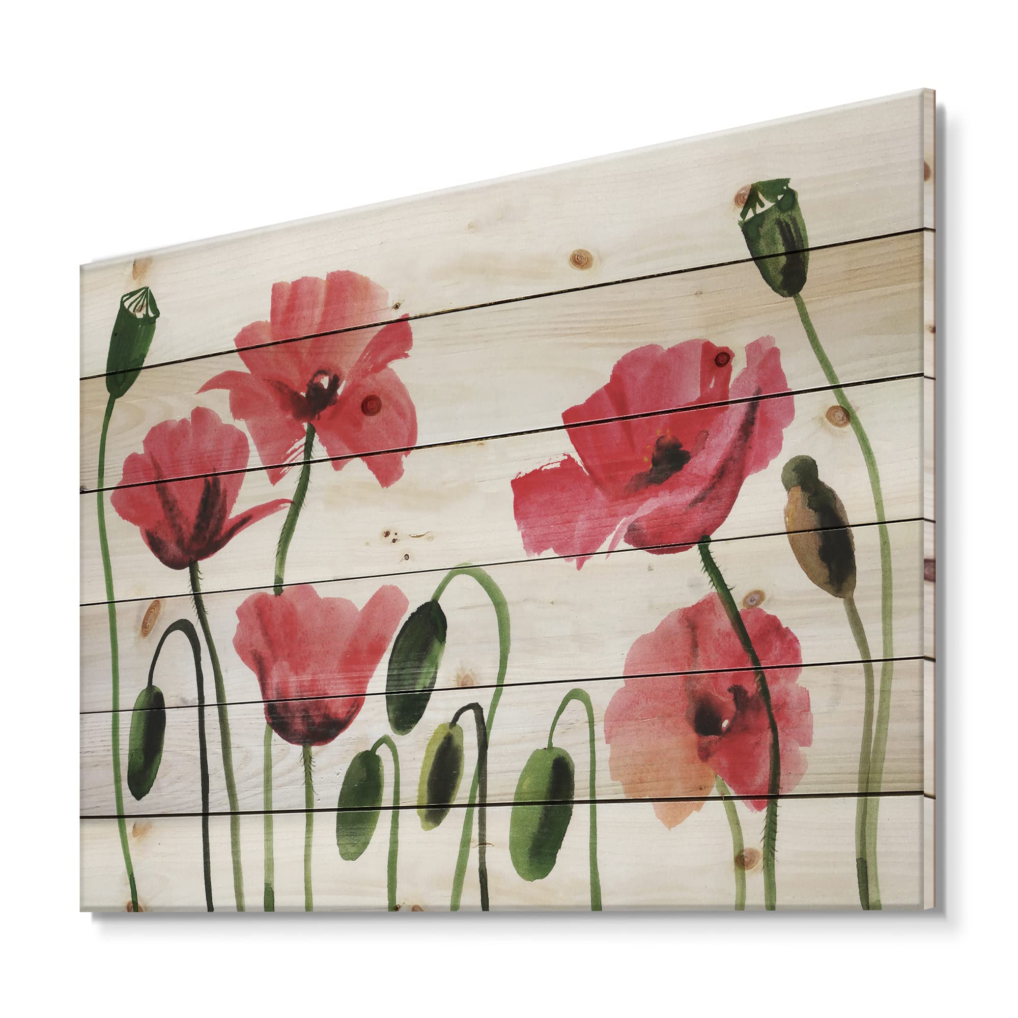 Vintage Red Blooming Poppies Wood Wall Art - Traditional Floral Pine Wood Decor Panel - Large Handmade Home Wall Decoration for Living Room, Bedroom & Office