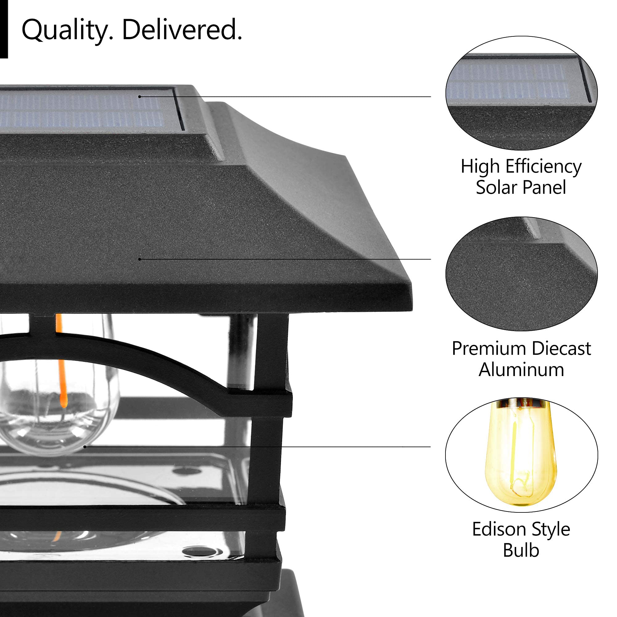 Davinci Lighting Renaissance (4 Pack) and Edison (1 Pack) Solar Post Cap Lights - Slate Black | Outdoor Solar Deck & Fence Lighting for Garden, Patio, Pathway | Weatherproof & Energy Saving
