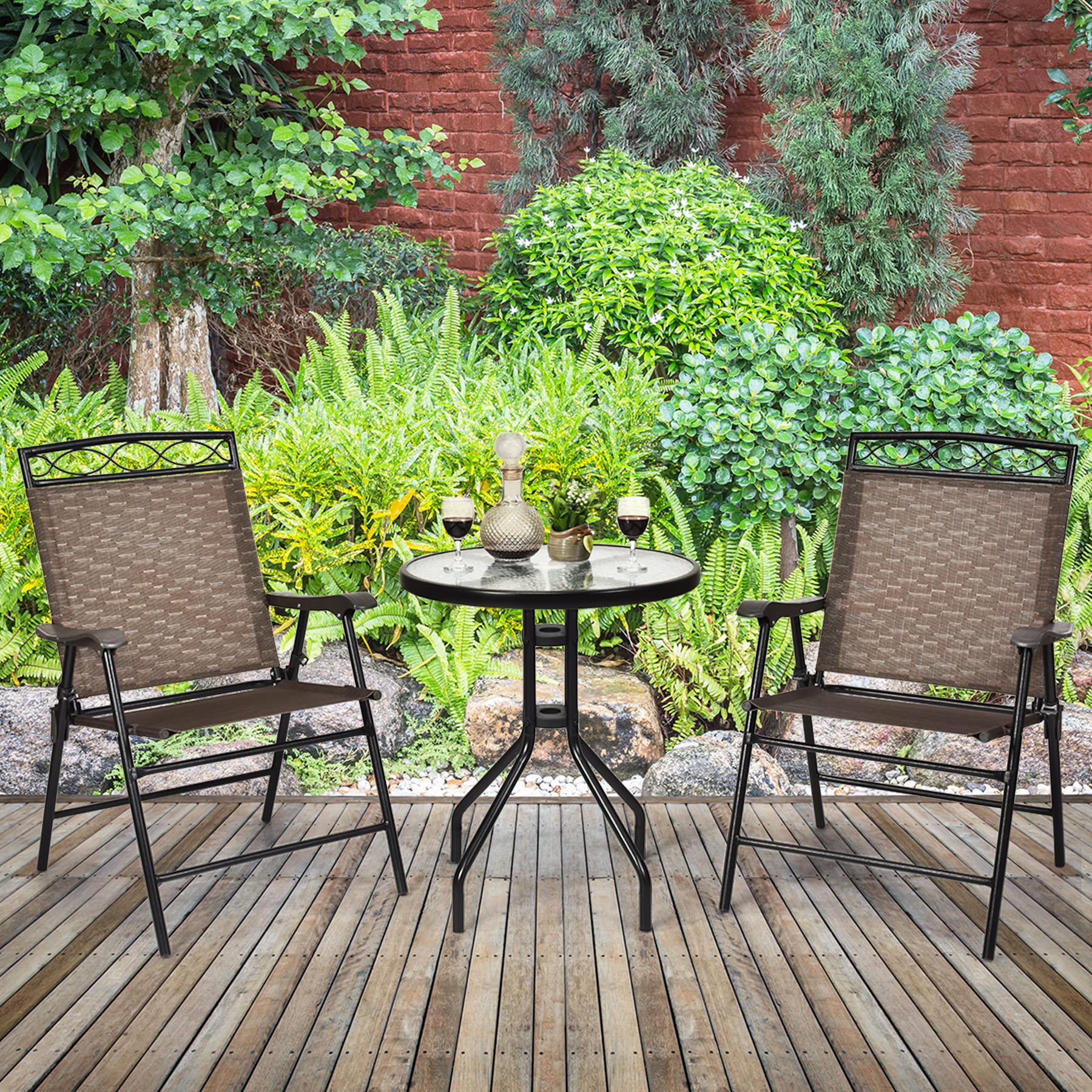 Tangkula 3-Piece Patio Bistro Set - Outdoor Folding Chairs & Tempered Glass Table with Umbrella Hole - Perfect for Garden, Poolside, Backyard Dining & Relaxation