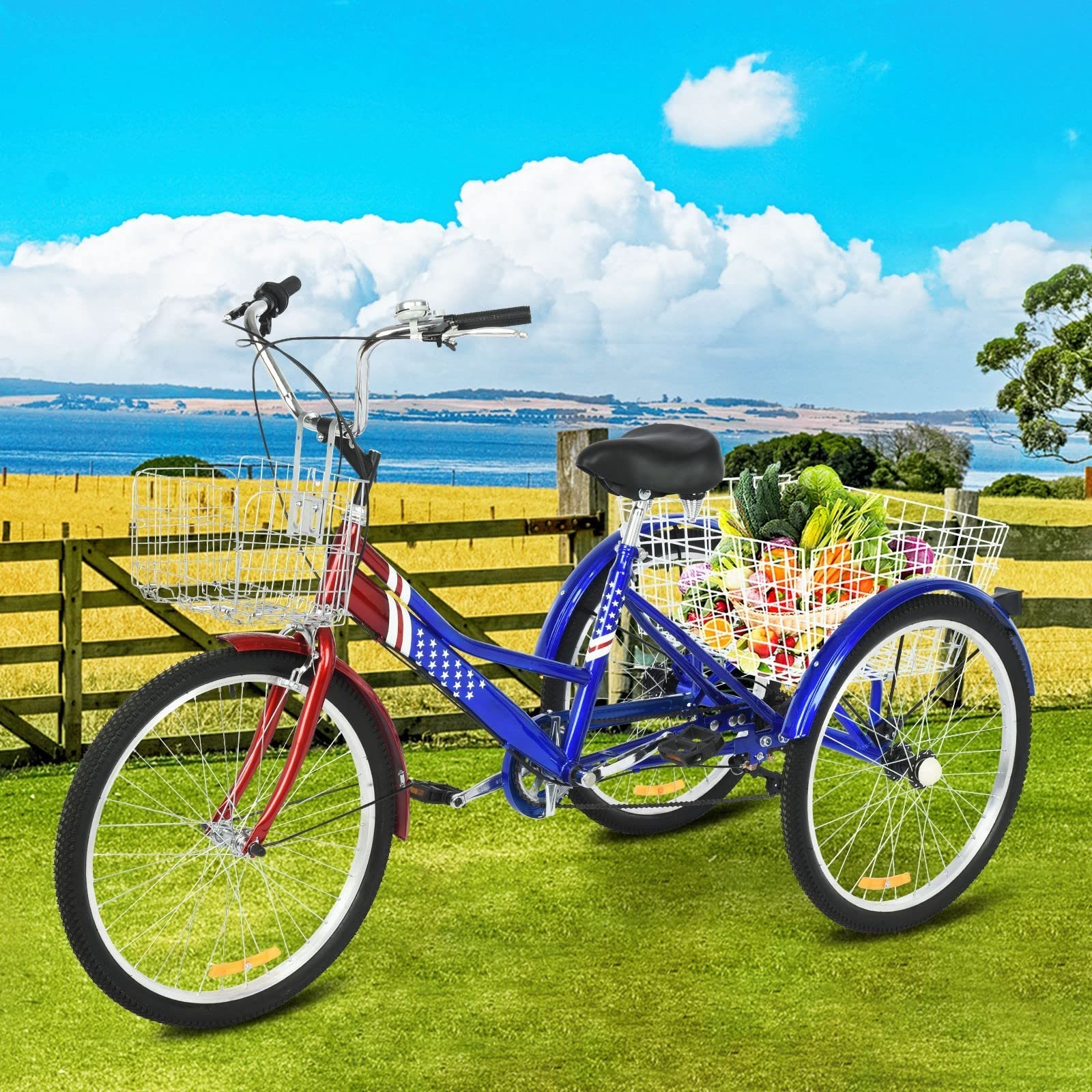 24-Inch Adult Tricycle with Large Cargo Basket - 7-Speed Three-Wheel Bike for Women & Men - Pink Mountain Style for Commuting, Shopping & Outdoor Recreation