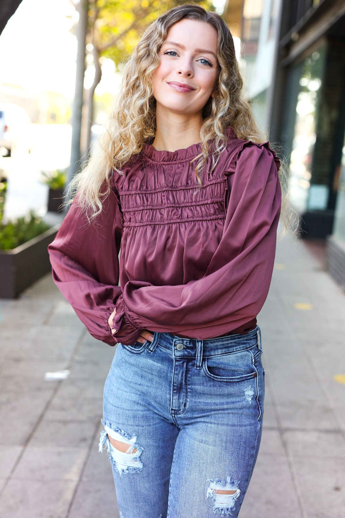 Stylish Wine Satin Shirred Yoke Frilled Mock Neck Top for Women | Elegant Blouse for Date Night, Parties & Special Occasions
