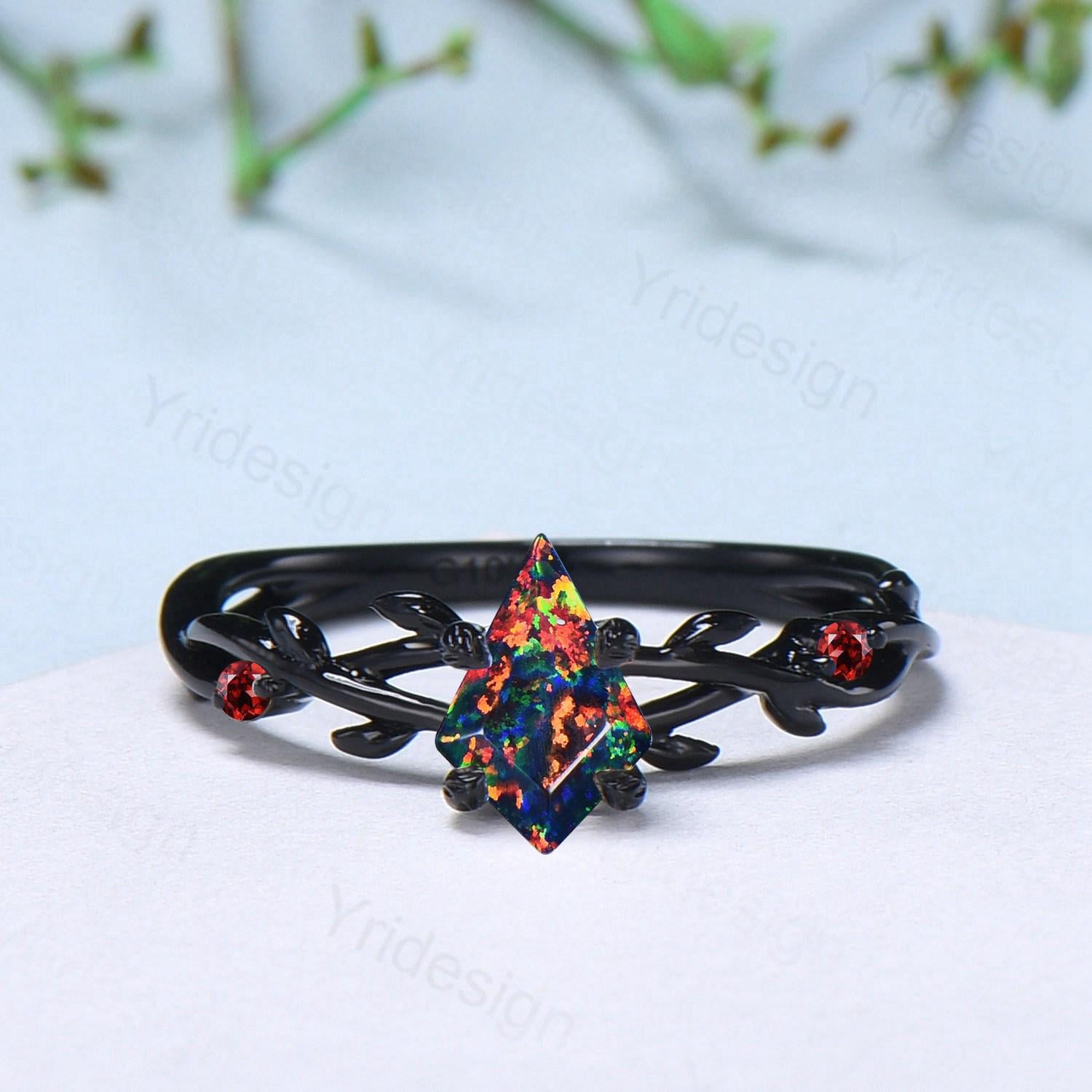 Black Gold Fire Opal Promise Ring - Nature Inspired Leaf Branch Design with Black Opal & Garnet - Gothic Engagement Ring, Wedding Band, Anniversary Gift for Her - Perfect for Boho, Vintage & Alternative Jewelry Lovers