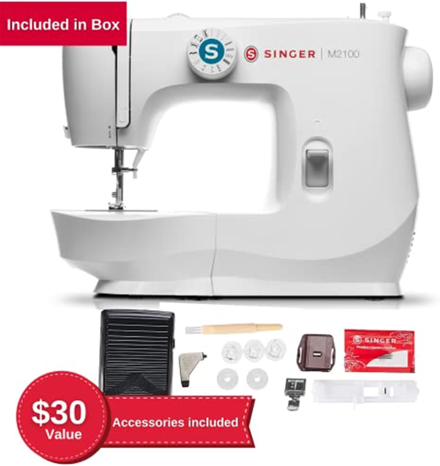 SINGER M2100 Lightweight & Compact Sewing Machine with 63 Built-in Stitches, LED Light & 4-Step Buttonhole - Perfect for Beginners, Quilting, Dressmaking & Home DIY Projects