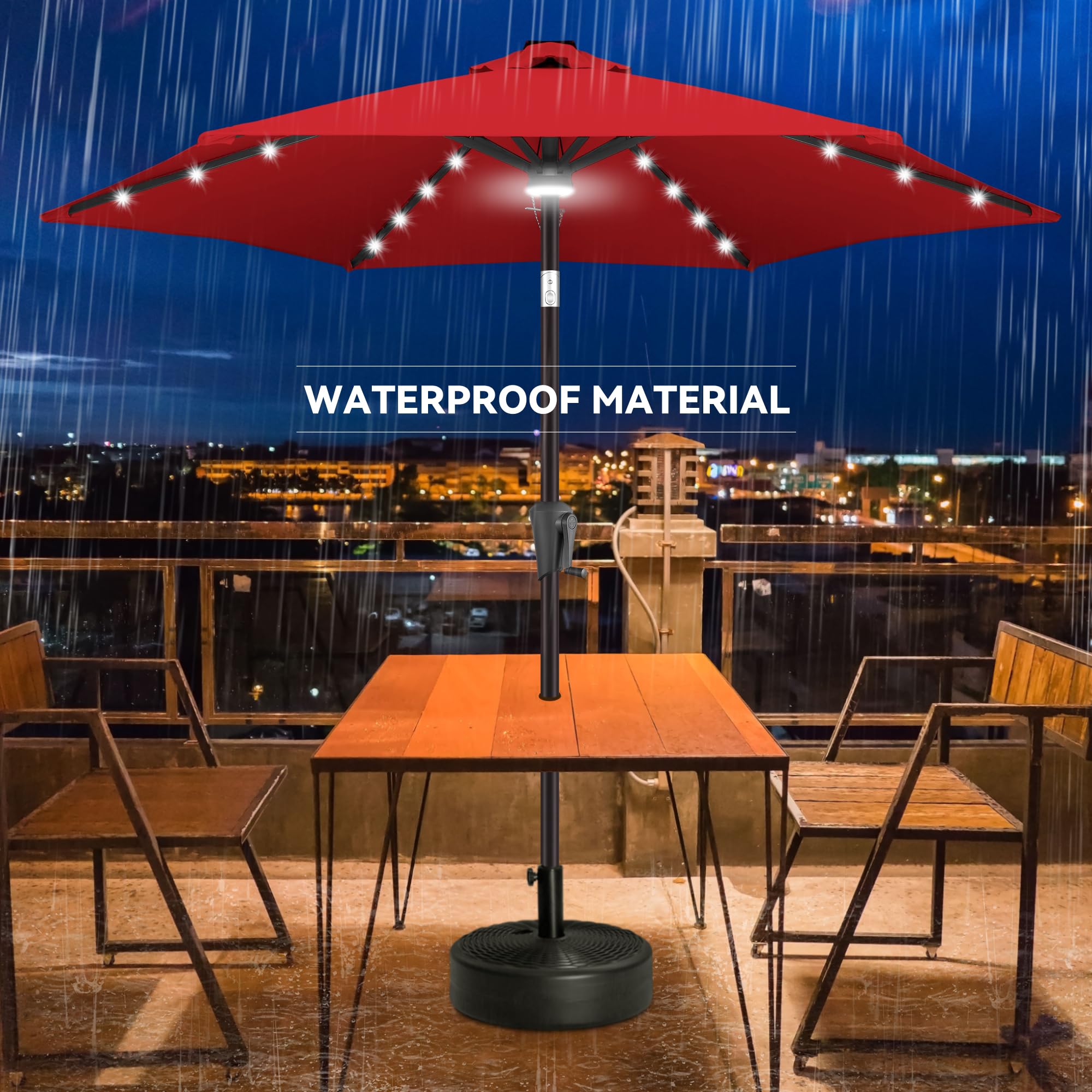 7.5ft Solar Powered LED Patio Umbrella with Tilt & Crank - Waterproof UV Protection Outdoor Umbrella for Pool, Garden, Deck - 24 LED Lights for Nighttime Use (Red) | Perfect for Backyard Dining, Porch Relaxation & Outdoor Entertaining