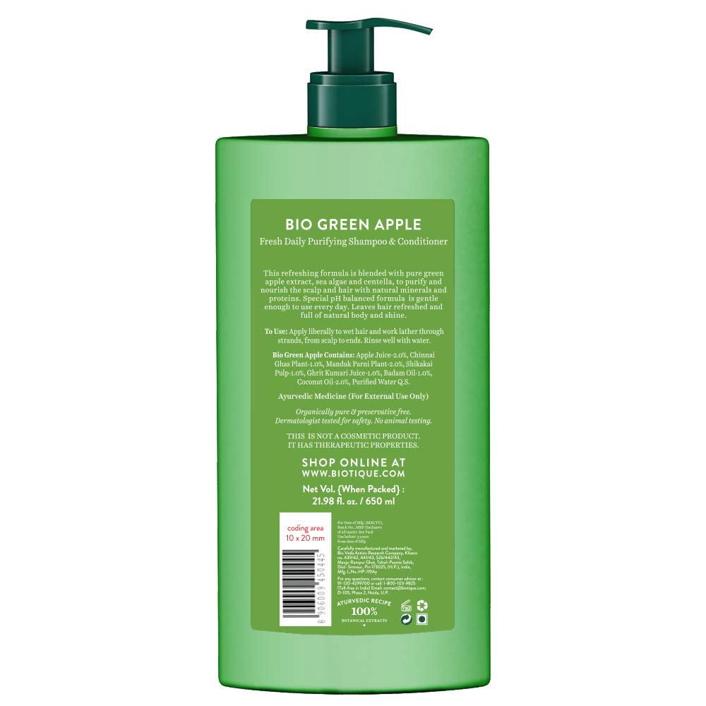 Biotique Bio Kelp Protein Shampoo for Hair Loss Treatment & Regrowth - 340ml | Biotique Bio Green Apple Purifying Shampoo & Conditioner Set for Oily Scalp - 650ml | Daily Hair Care for Thicker, Healthier Locks | Perfect for Men & Women with Thinning or Greasy Hair