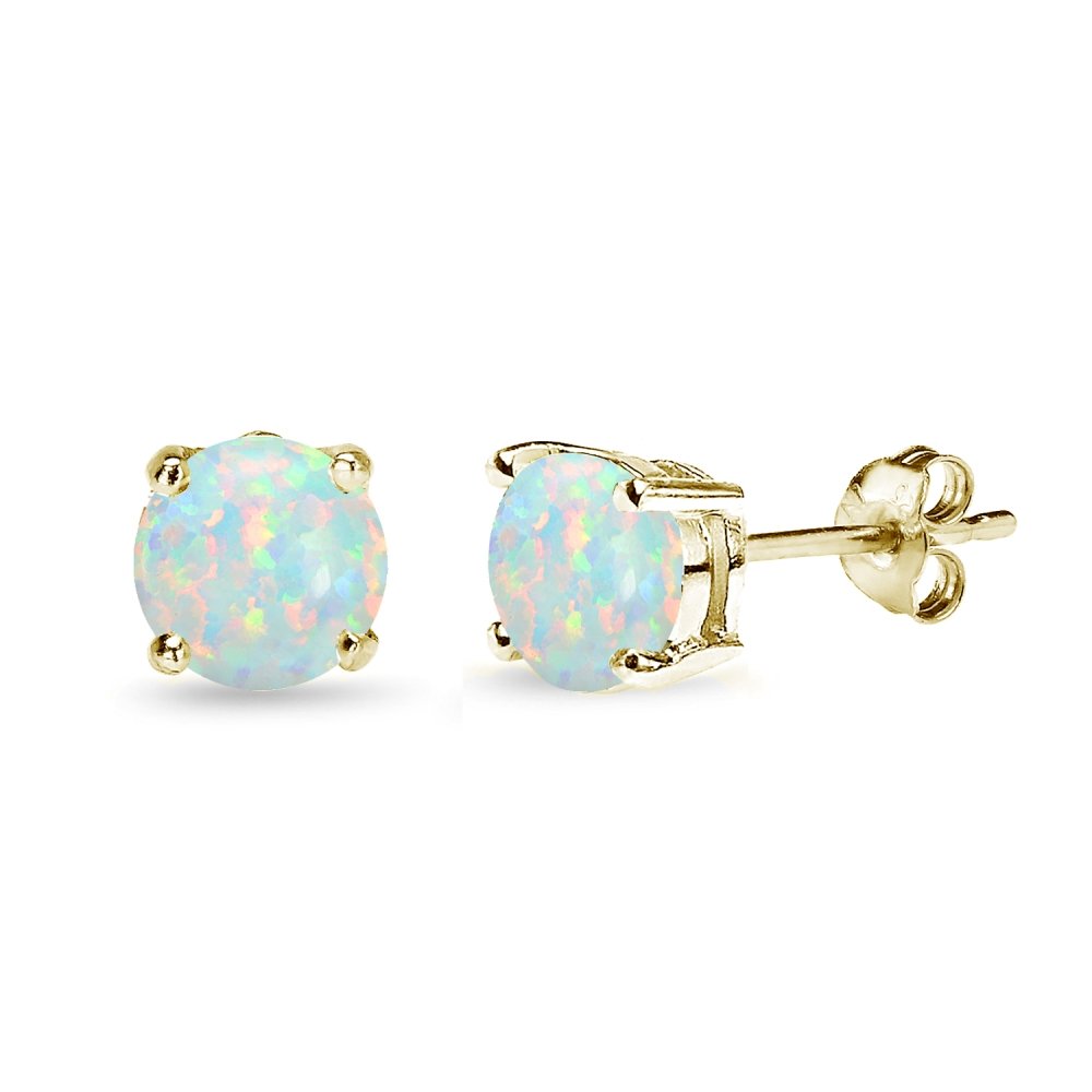 Opal Earrings for Women - Sterling Silver Round-Cut Solitaire Synthetic Stud Earrings - Perfect for Bridesmaids, Prom, Wedding & Everyday Wear