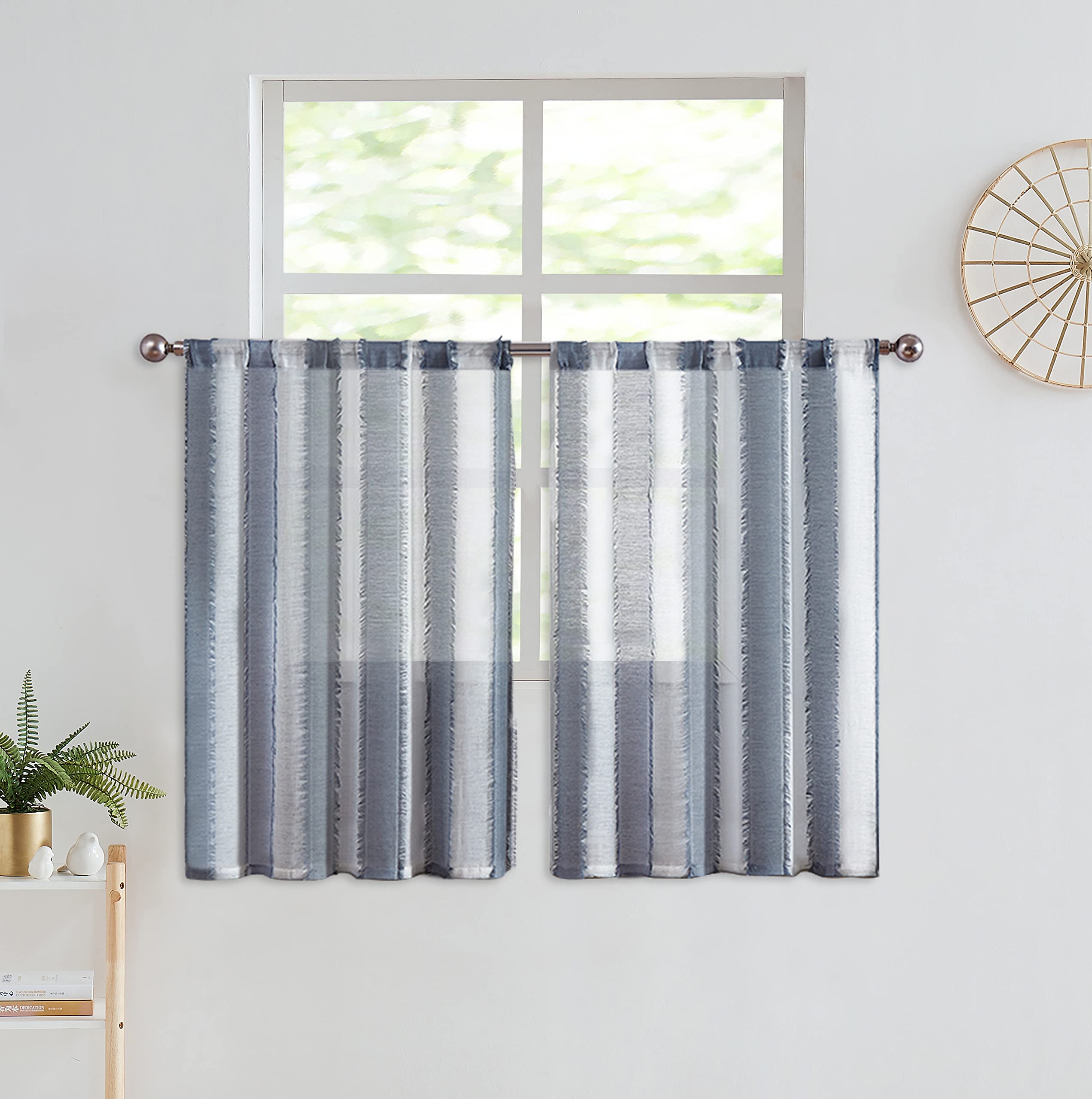 Steel Blue & White Striped Farmhouse Kitchen Curtains - 36 Inch Length Sheer Cafe Curtains with Boho Tassels (38
