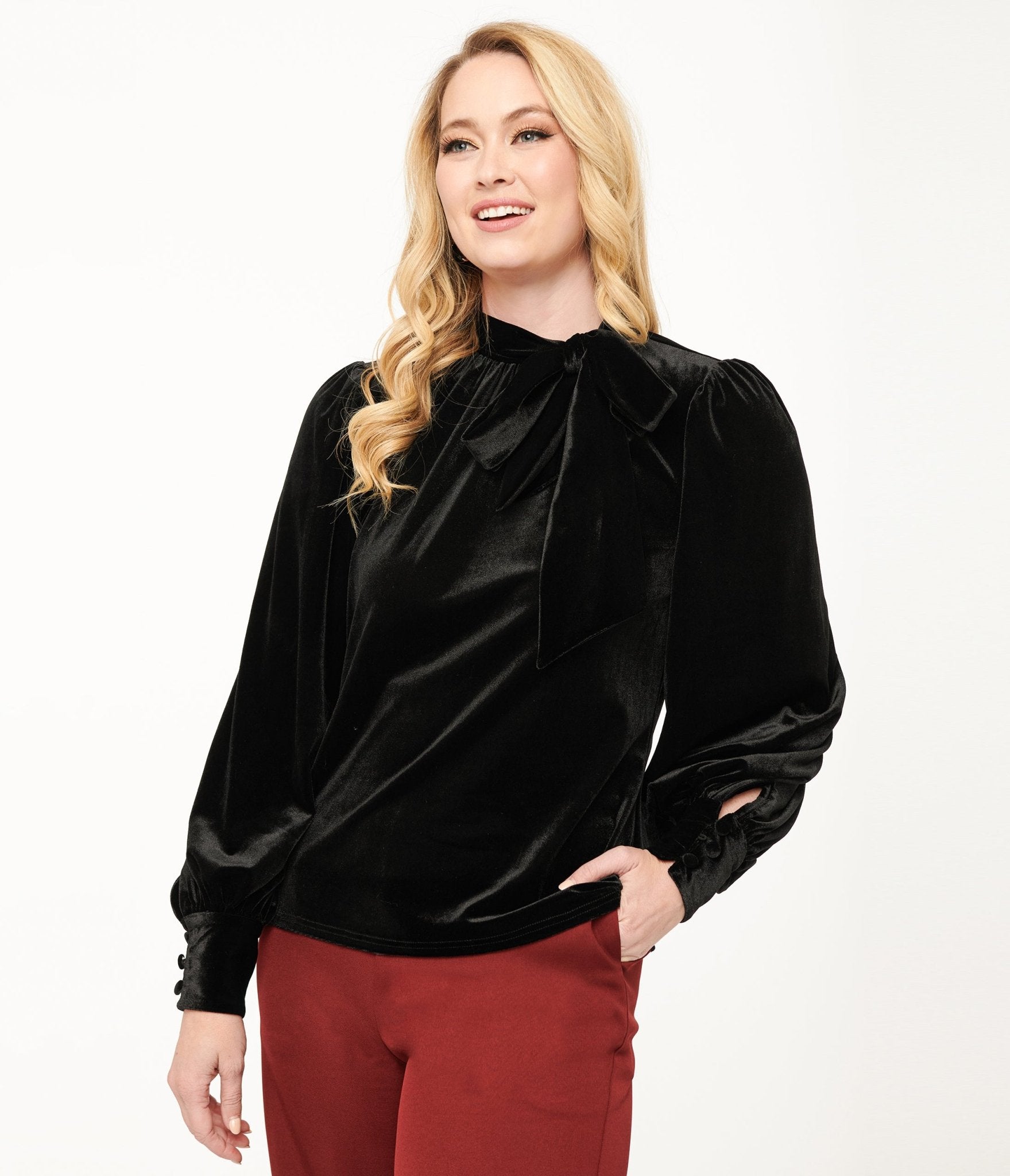 Vintage 1940s Black Velvet Long Sleeve Bow Blouse - Retro Elegant Women's Top for Parties, Weddings & Special Occasions