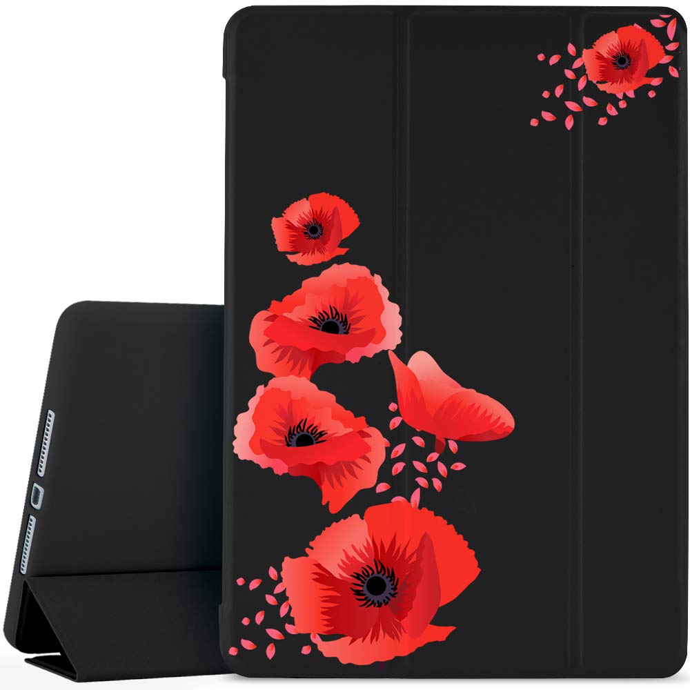 JOYLAND Floral iPad Case Cover for iPad 8th/9th Generation (10.2-inch 2020/2021) - Black with Red Poppy Design, Shockproof & Anti-Scratch, Lightweight Smart Trifold Stand, Soft TPU Protective Case - Perfect for Work, School, Travel & Home Use