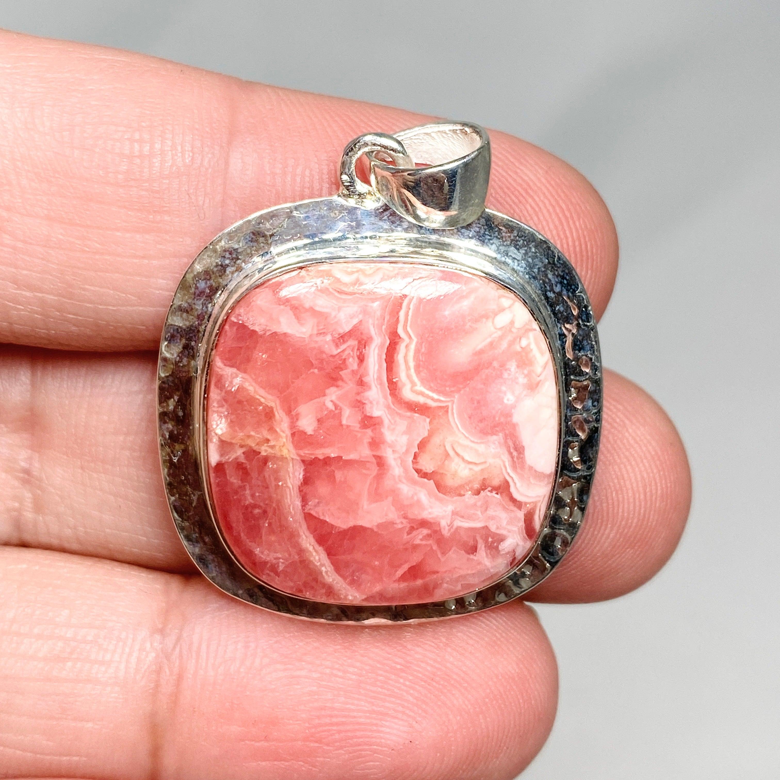 Rhodochrosite Square Pendant Necklace - Handcrafted Hammered Sterling Silver Jewelry KPGJ4323 | Perfect for Gift Giving, Date Nights & Special Occasions