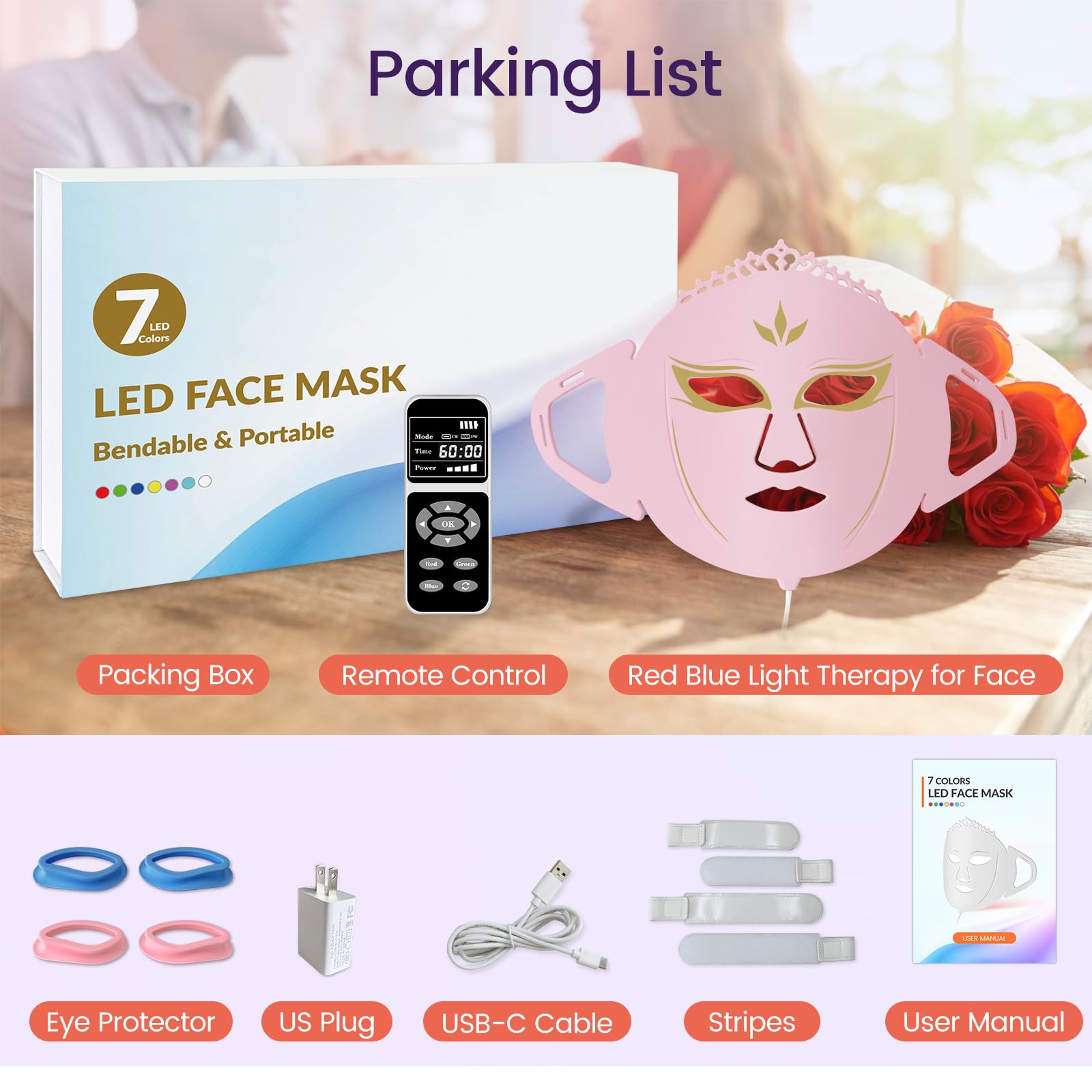 7-Color LED Light Therapy Mask for Face - Red & Blue Light Facial Skin Care Device for Collagen Production & Anti-Aging | At-Home Spa Treatment & Professional Skincare Solution