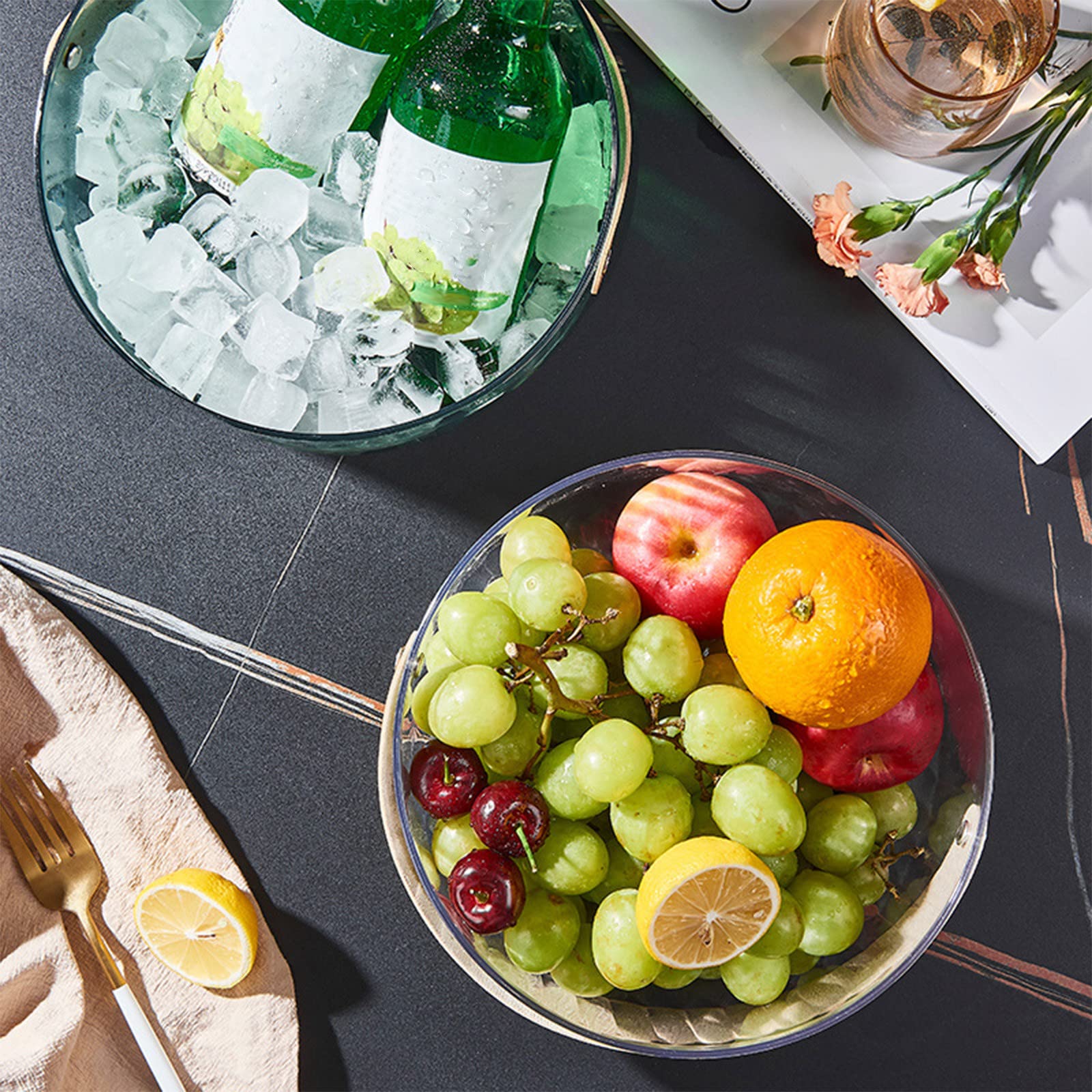 Portable Picnic Basket with Insulated Compartment - Multifunctional Food Storage Basket for Fruits, Snacks, Wine & Ice Bucket - Perfect for Home, Kitchen, Camping & Outdoor Adventures (Clear Transparent Design)