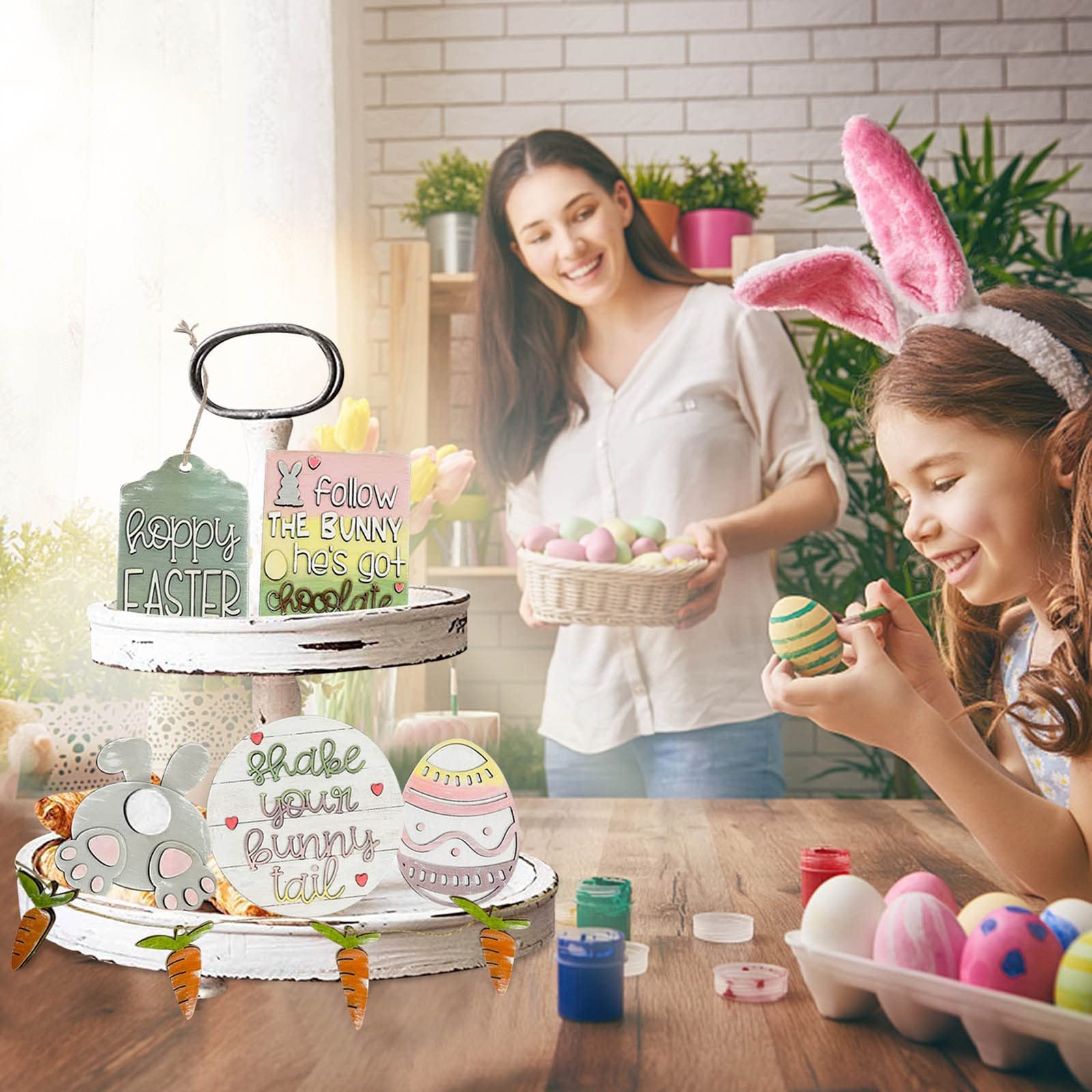 3D Mini Wooden Bunny Signs Easter Tiered Tray Decor - Rustic Wooden Easter Decorations for Home, Office & Party - Perfect for Spring Table Centerpieces, Shelf Displays & Holiday Gift Giving