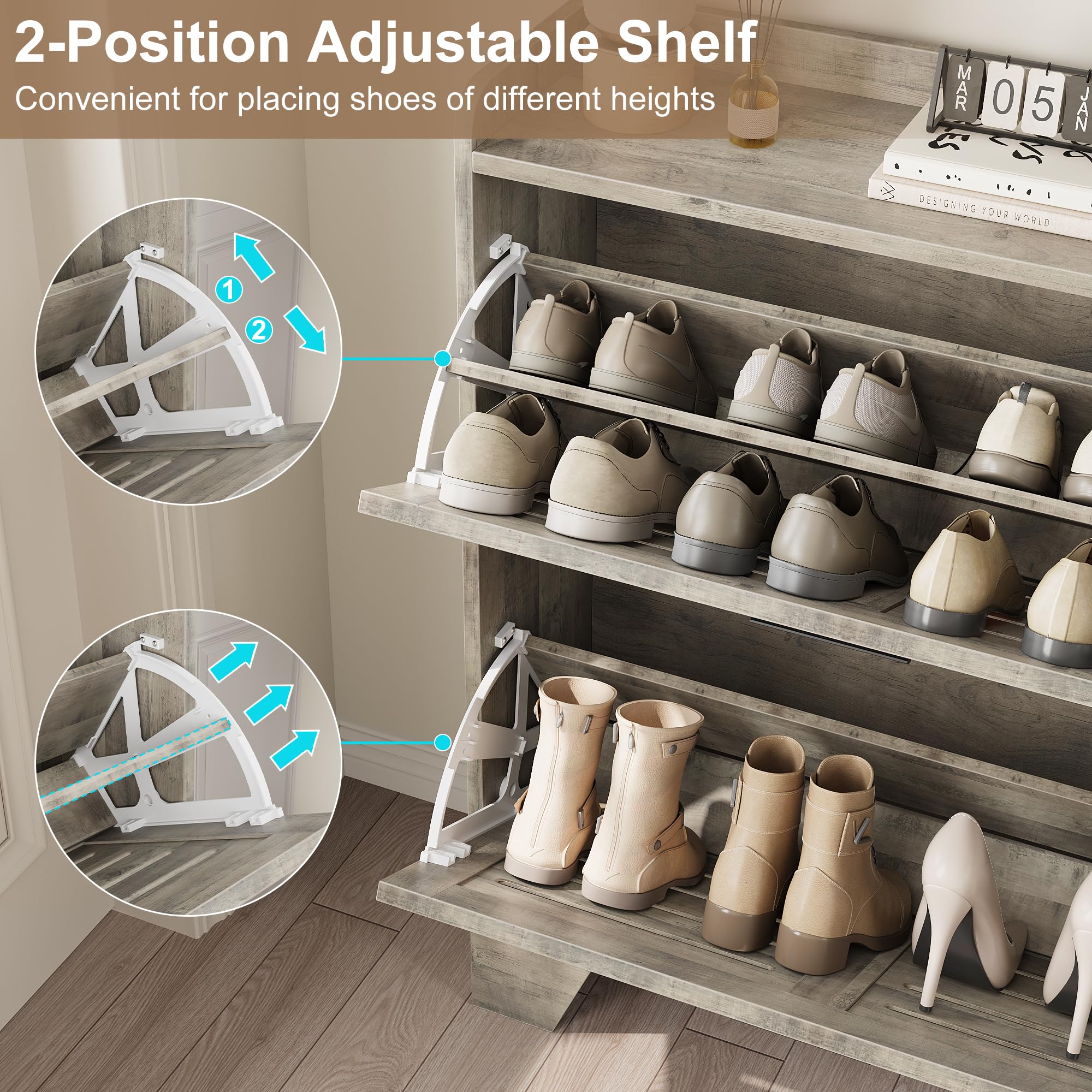 Freestanding Narrow Shoe Cabinet with 2 Flip Drawers & Hooks - Space Saving Entryway Shoe Storage Organizer for Foyer, Hallway, Garage - Perfect for Small Spaces & Apartment Living (Gray)