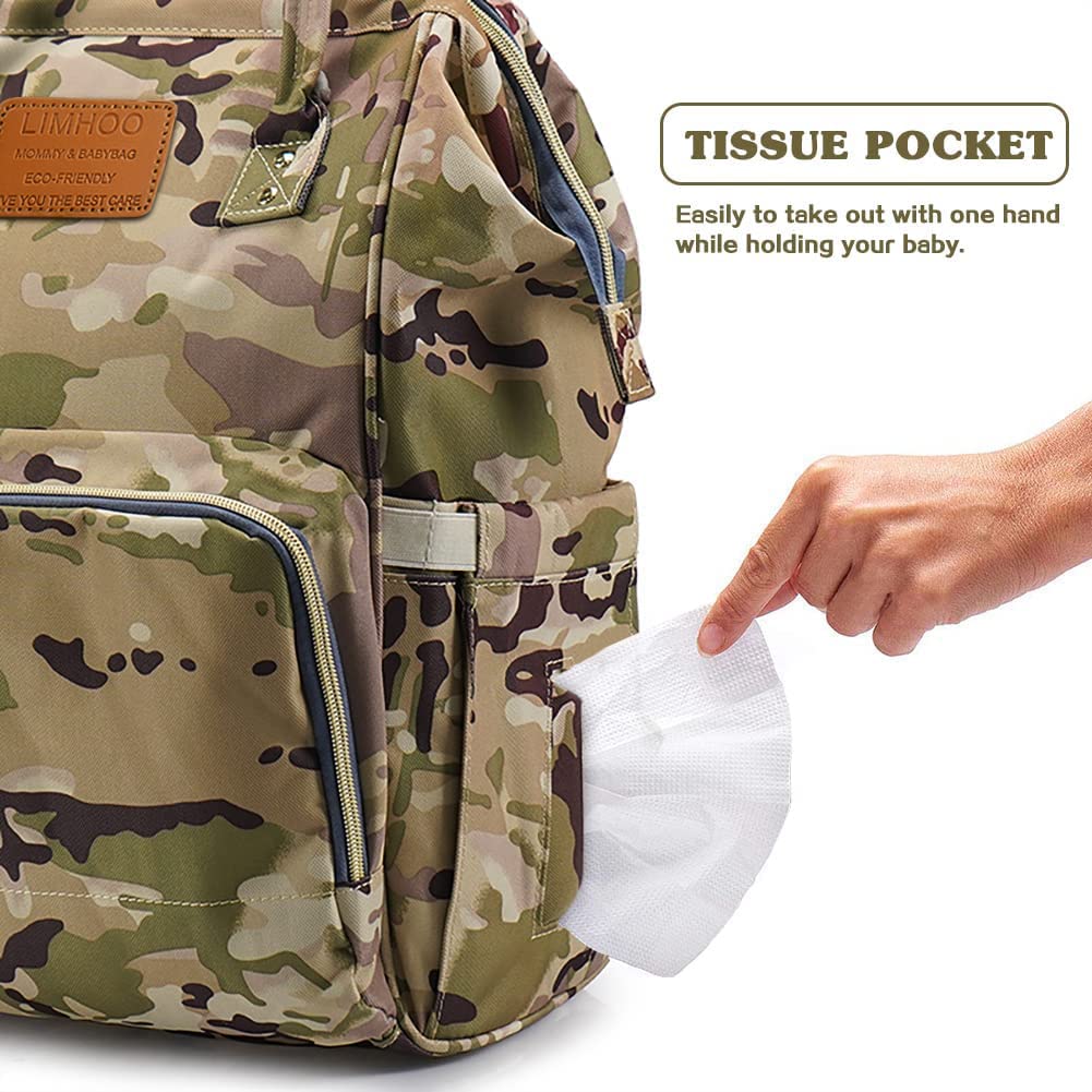 Limhoo Waterproof Camo Diaper Backpack for Men & Dads - Large Canvas Baby Care Bag with Multiple Pockets | Perfect for Travel, Daycare & Outdoor Adventures