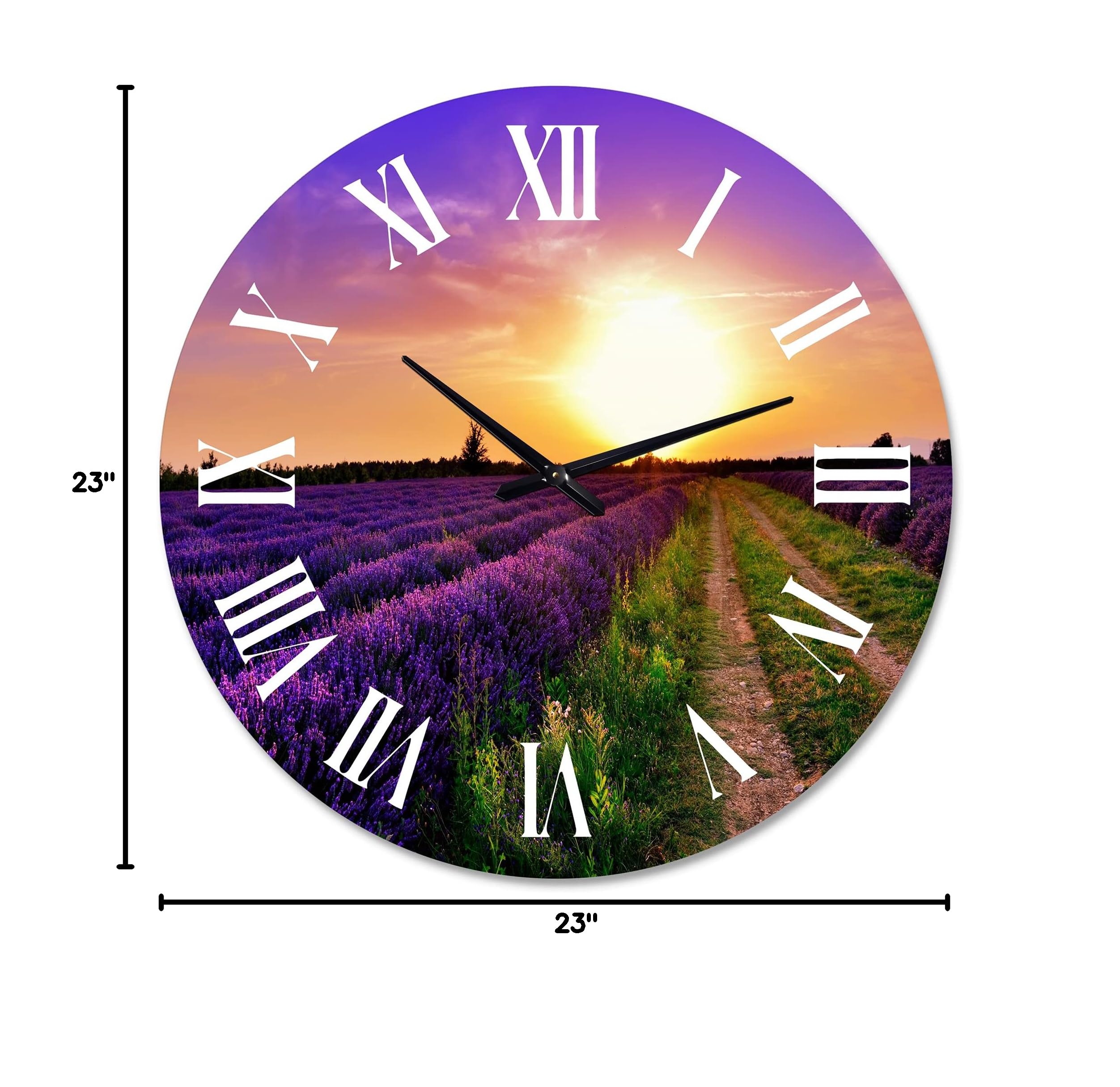 DesignQ Farmhouse Wall Clock - 'Lavender Field at Dawn II' Landscape Nature Decor, Large Rustic Clock for Living Room, Kitchen, Bedroom & Office